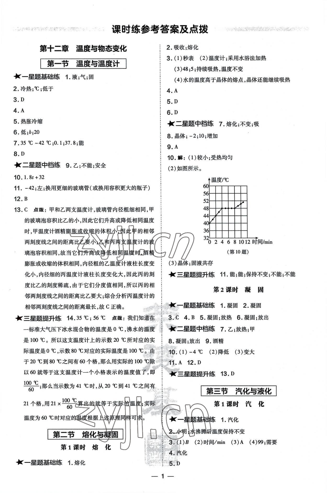 2022年点拨训练九年级物理全一册沪科版安徽专版 参考答案第1页