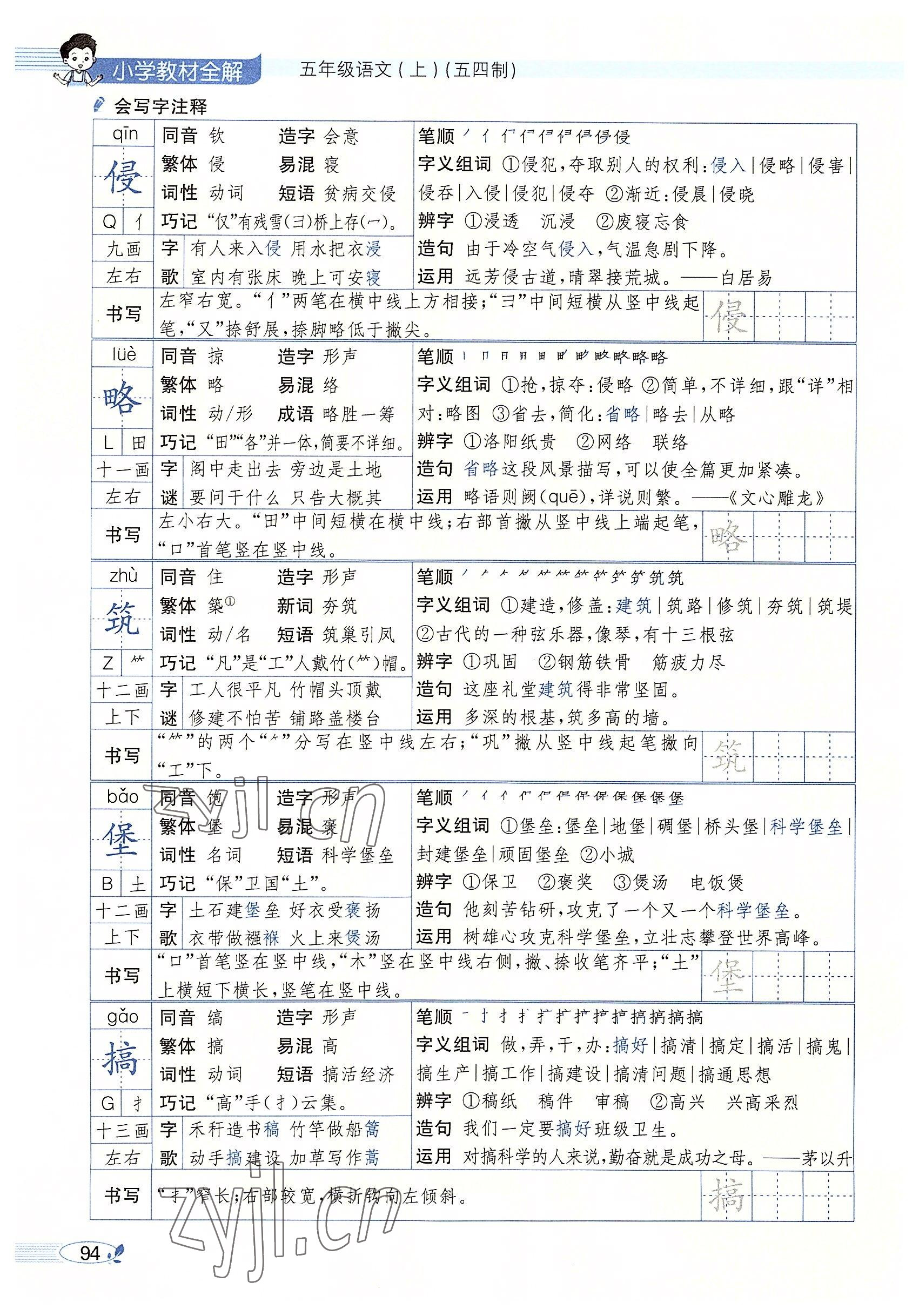 2022年教材課本五年級(jí)語文上冊(cè)人教版五四制 參考答案第94頁