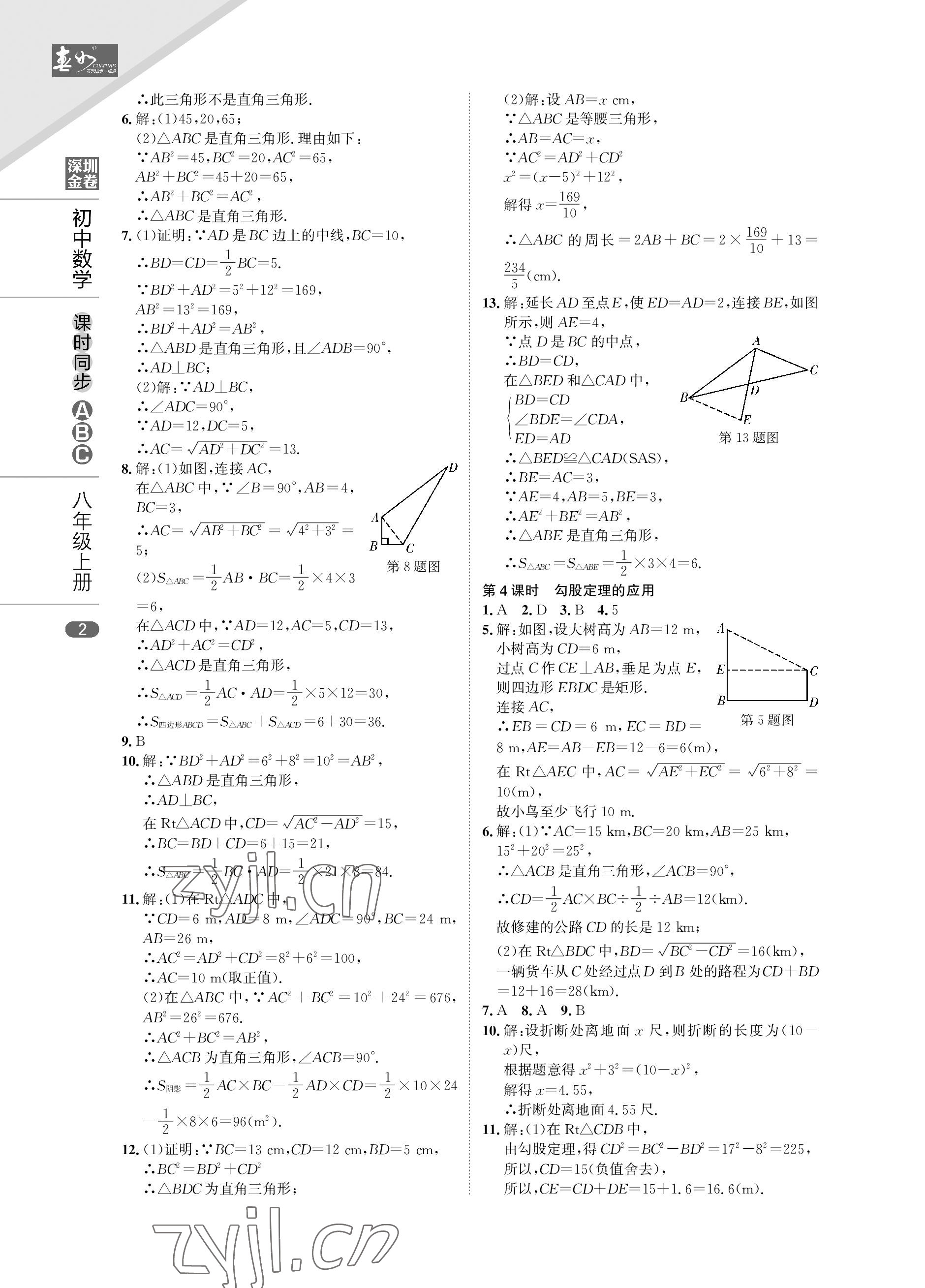 2022年深圳金卷课时同步ABC八年级数学上册北师大版 参考答案第2页