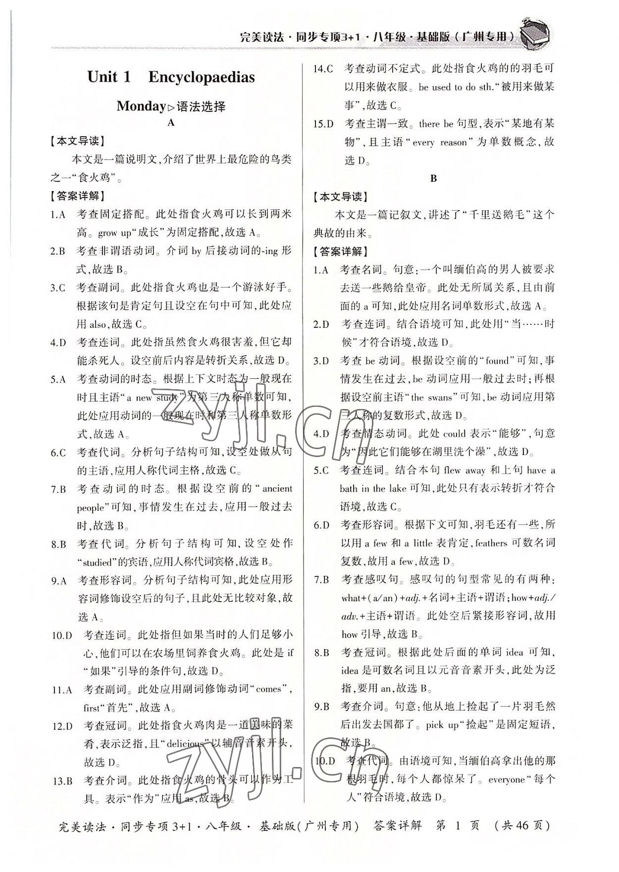 2022年初中英語完美讀法八年級同步專項(xiàng)3+1廣州專版 參考答案第1頁