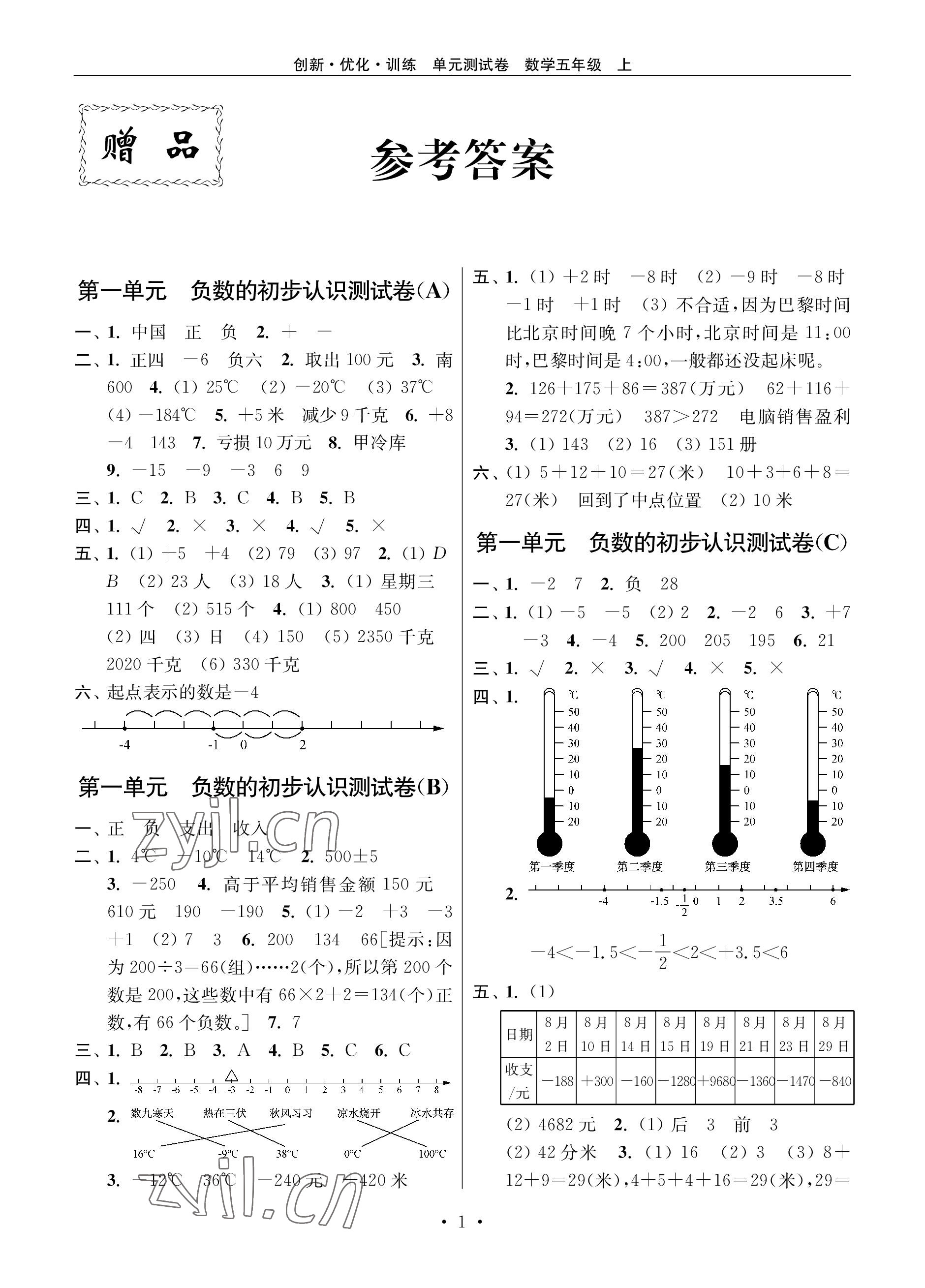 2022年創(chuàng)新優(yōu)化訓練單元測試卷五年級數學上冊蘇教版 參考答案第1頁