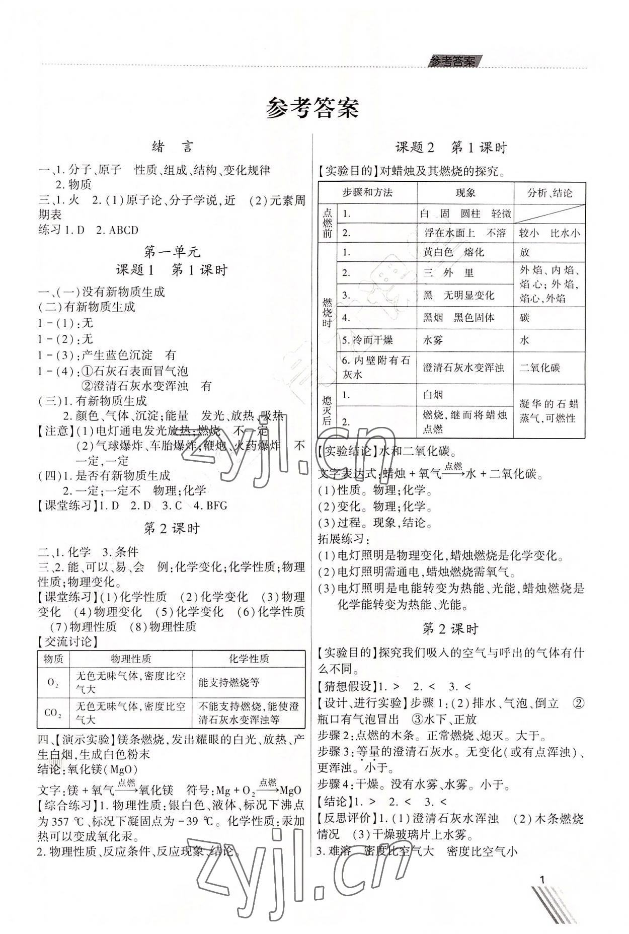 2023年育才课堂教学案九年级化学上册人教版 第1页