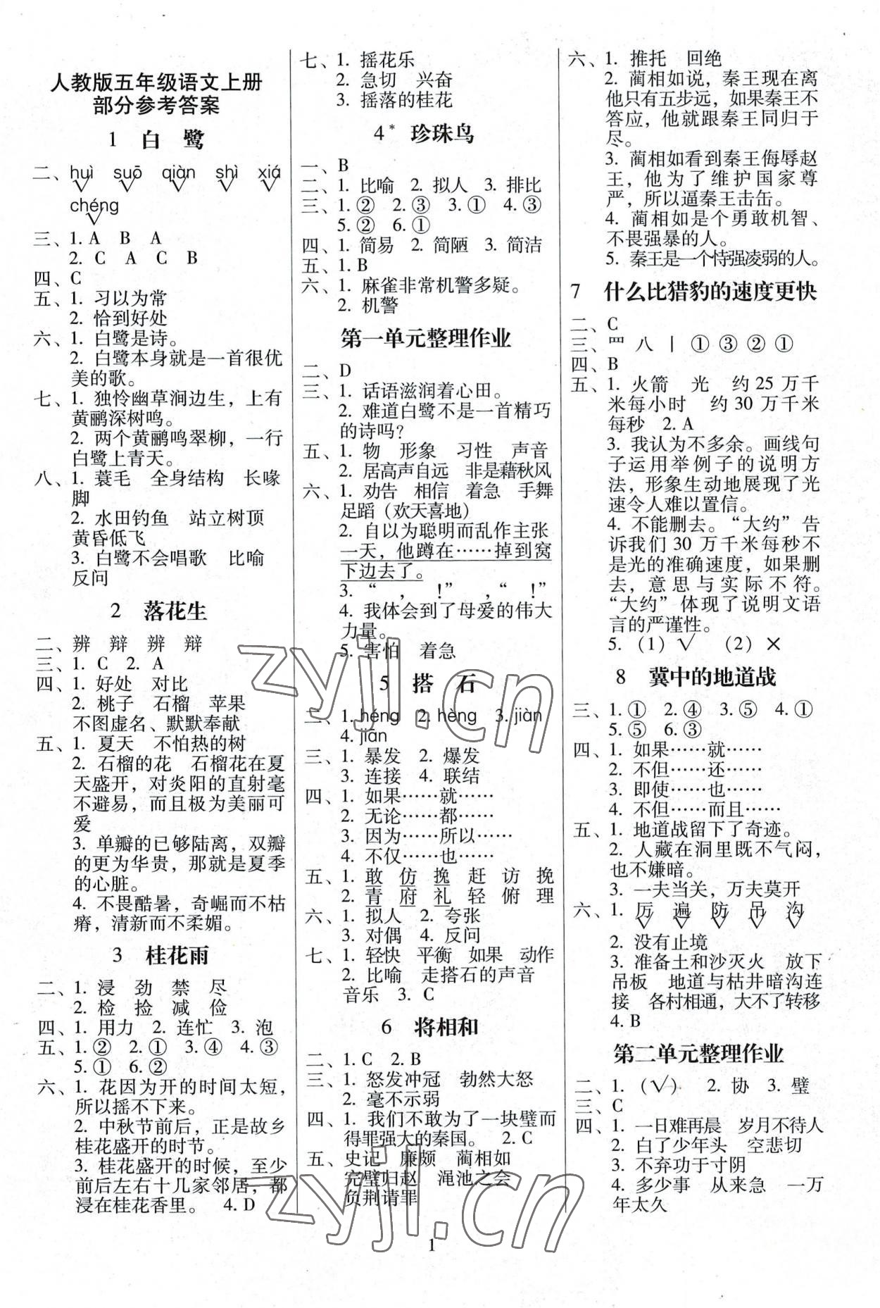 2022年云南师大附小一线名师提优作业五年级语文上册人教版 参考答案第1页