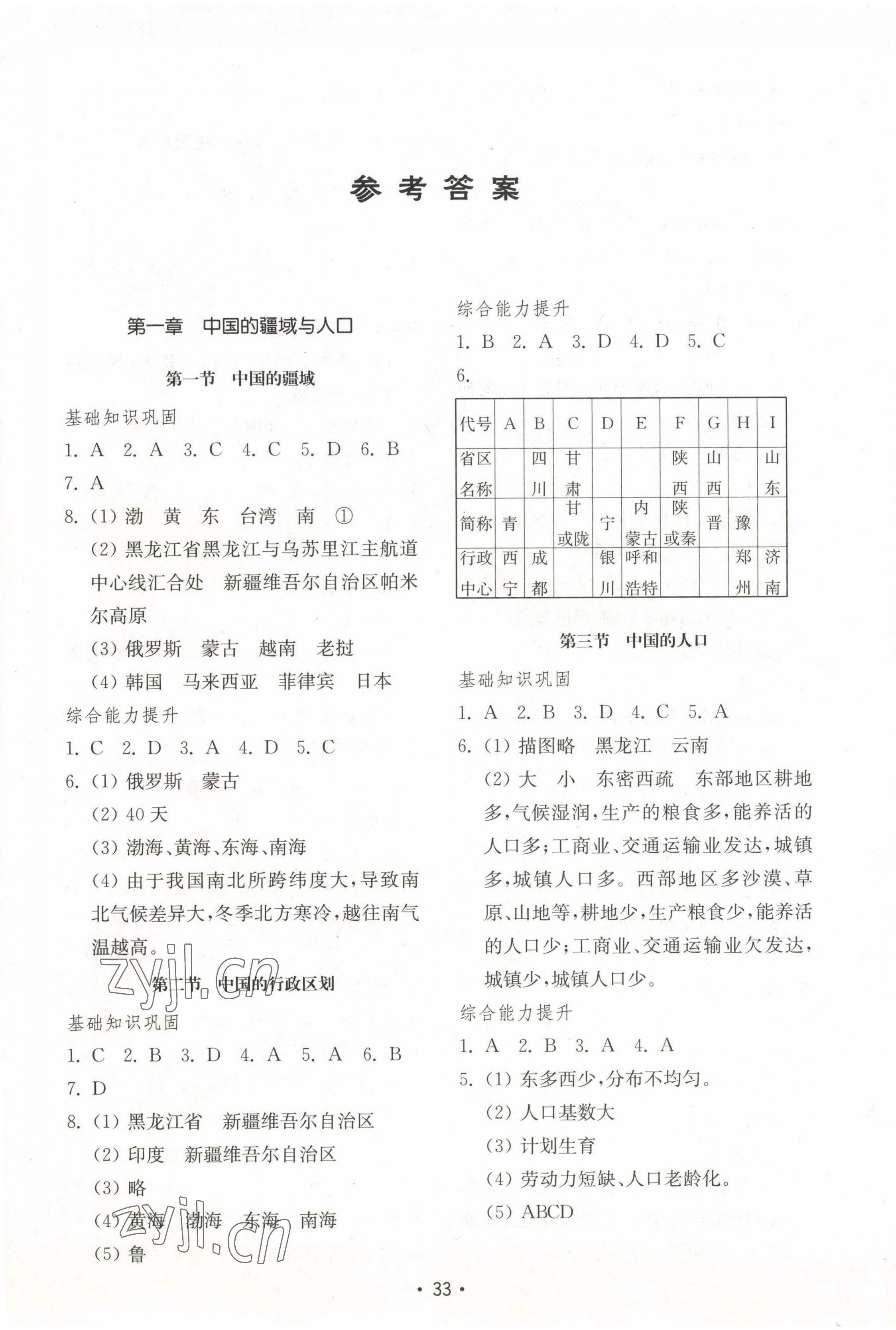 2022年初中基礎(chǔ)訓(xùn)練山東教育出版社八年級(jí)地理上冊(cè)湘教版 參考答案第1頁