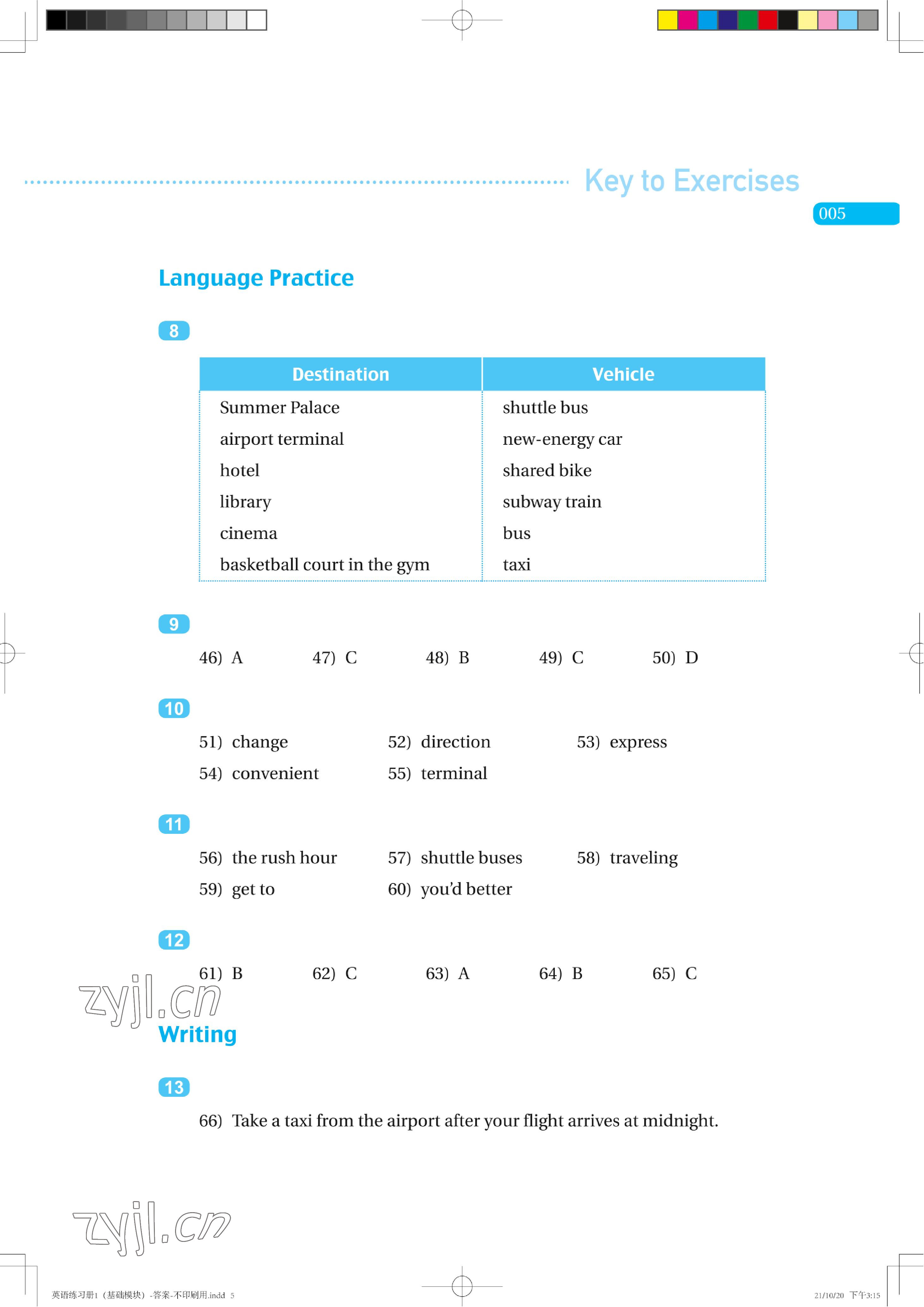 2022年英語練習(xí)冊基礎(chǔ)模塊1 參考答案第5頁