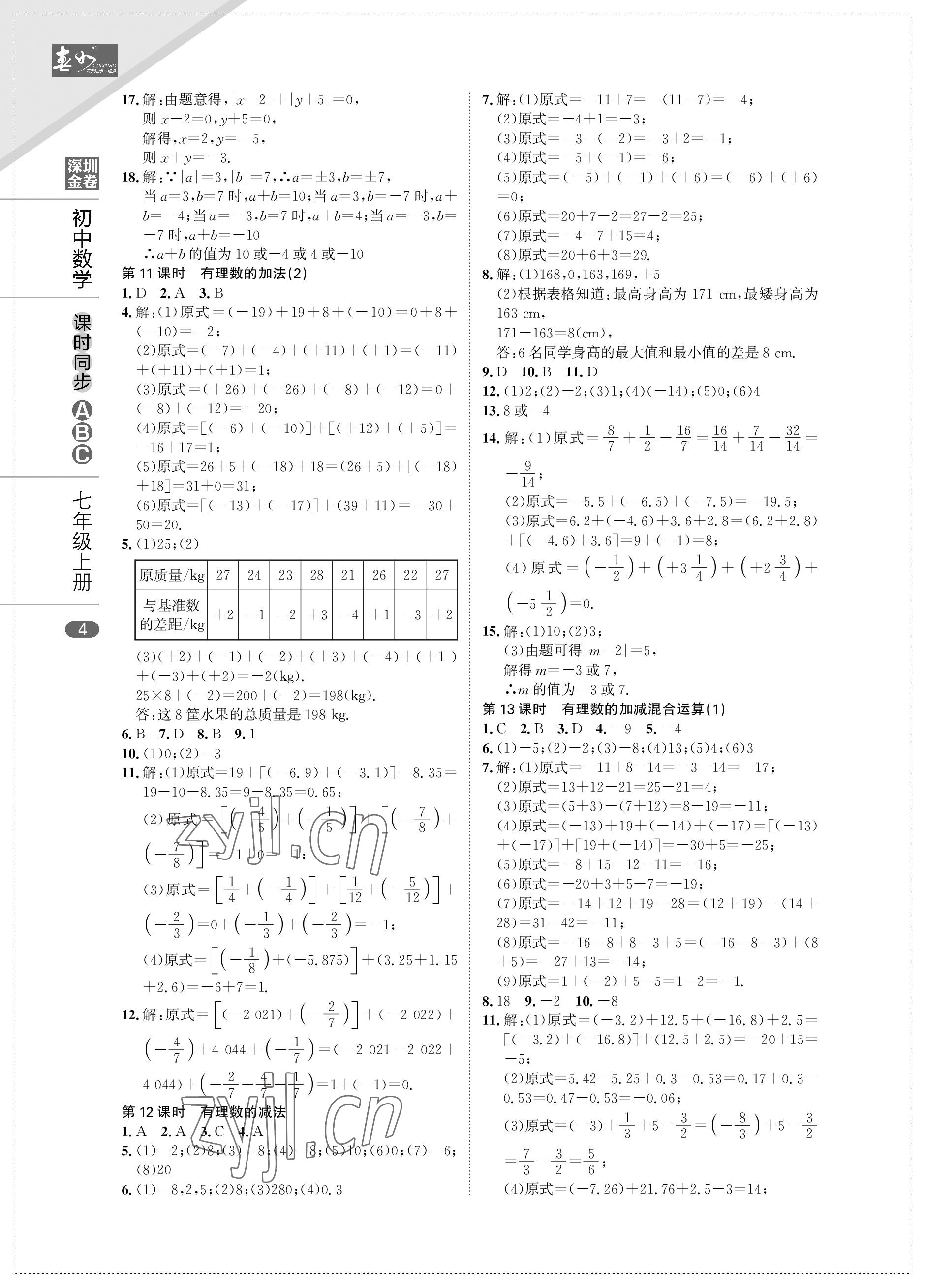 2022年深圳金卷课时同步ABC七年级数学上册北师大版&nbsp;参考答案第4页