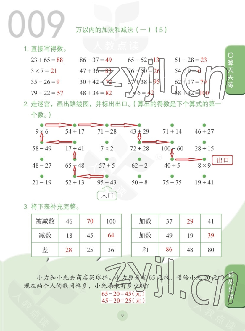 2022年同步口算練習冊三年級數(shù)學上冊人教版 第9頁