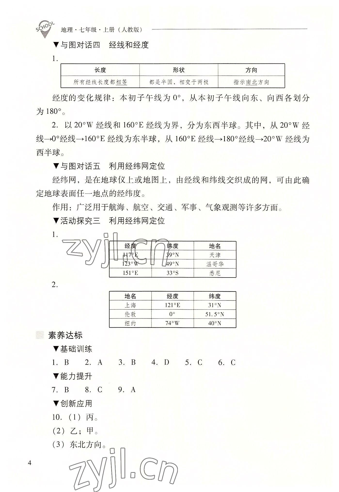 2022年新课程问题解决导学方案七年级地理上册人教版 参考答案第4页