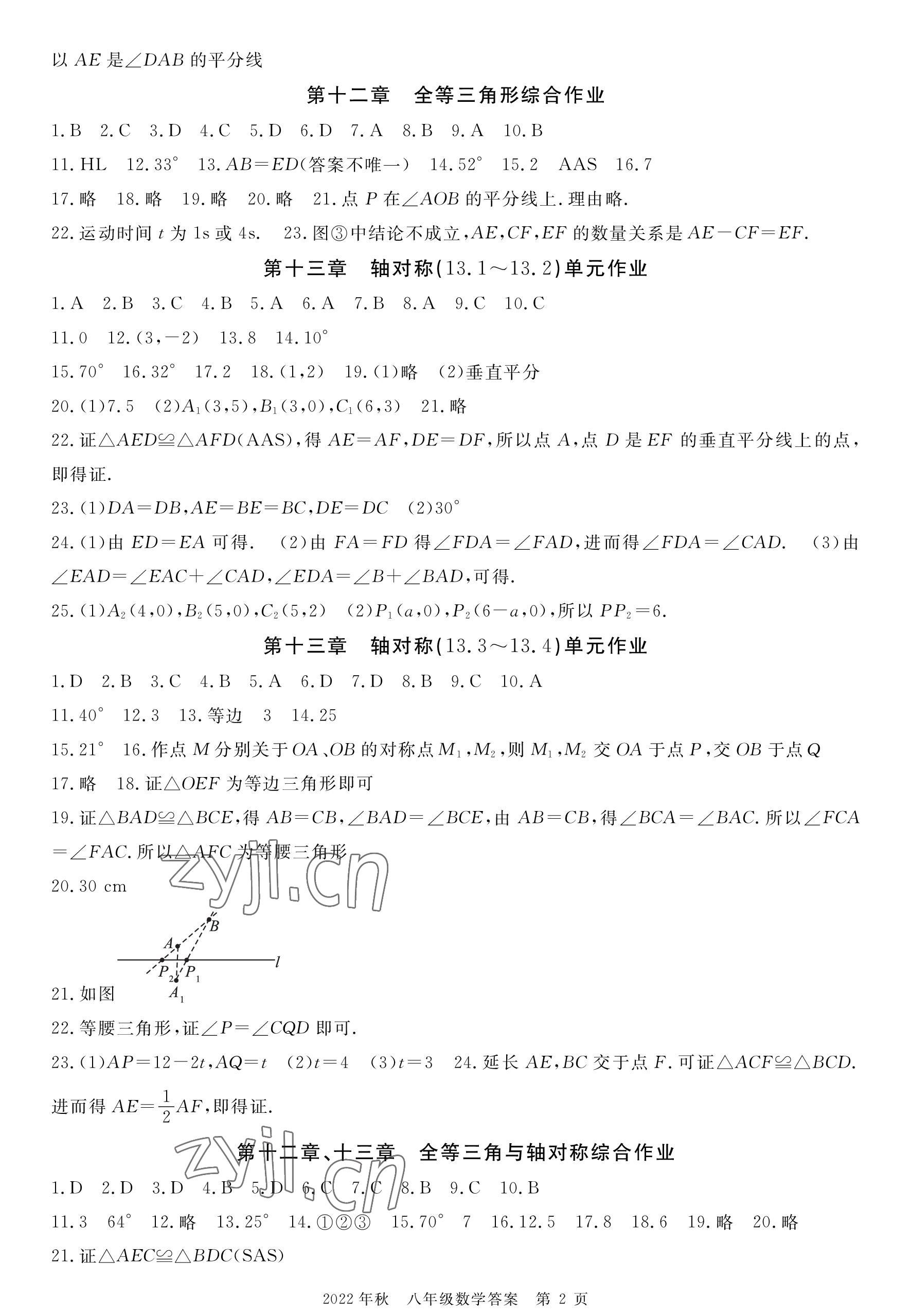 2022年荆州单元作业优化设计八年级数学上册人教版 参考答案第2页