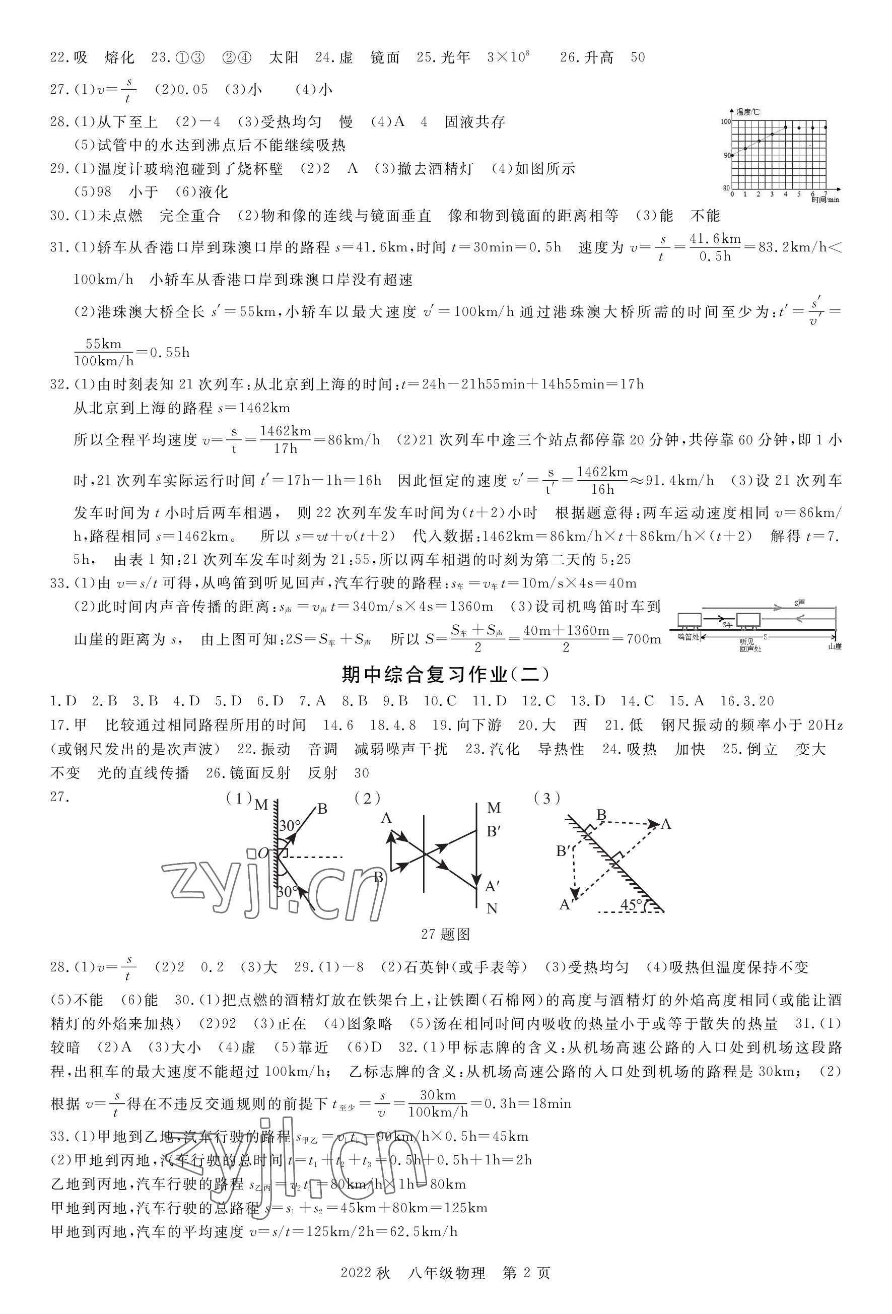 2022年荆州单元作业优化设计八年级物理上册人教版 参考答案第2页