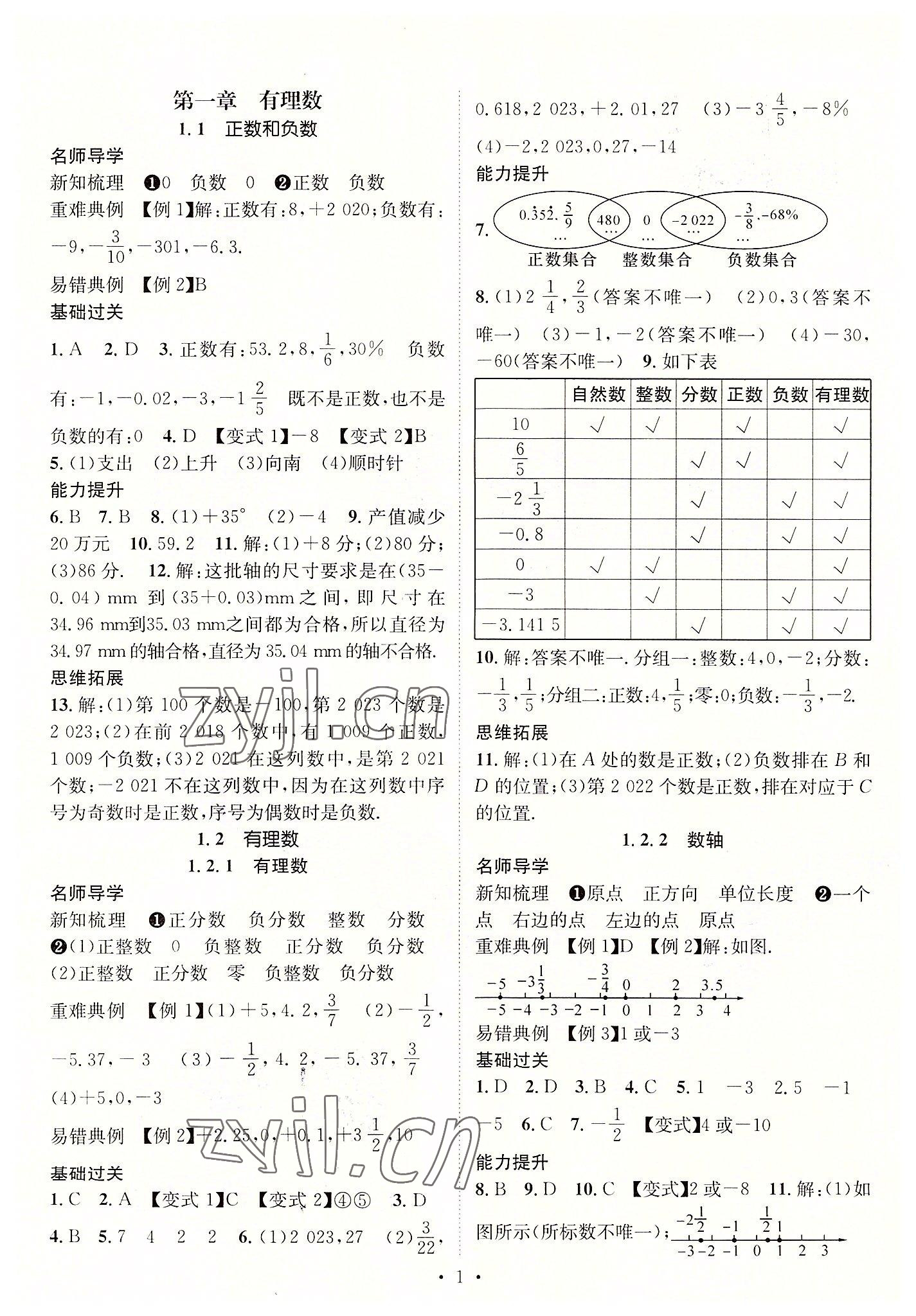 2022年名師測控七年級數(shù)學(xué)上冊人教版襄陽專版 參考答案第1頁