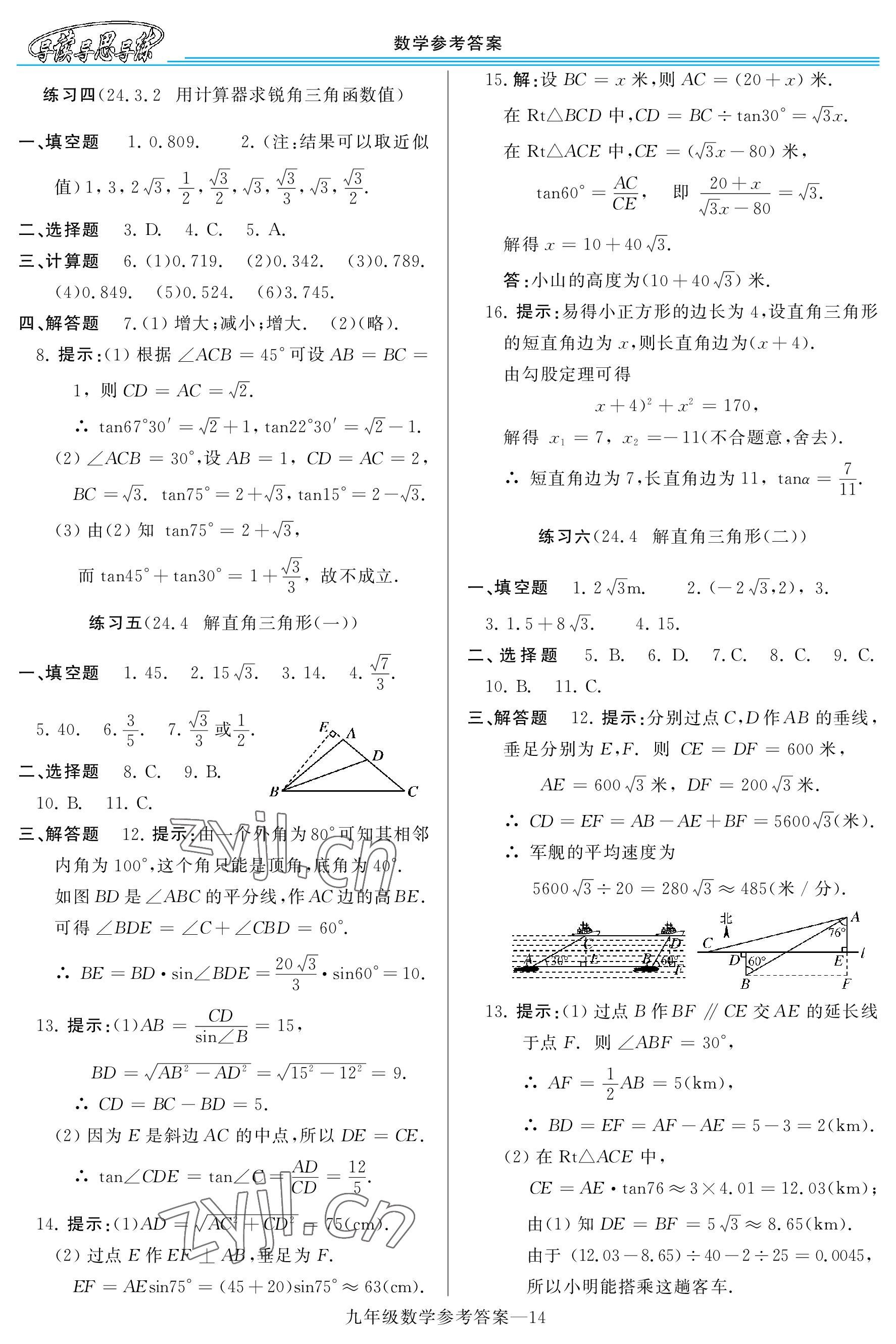 2022年新課程學(xué)習(xí)指導(dǎo)九年級(jí)數(shù)學(xué)全一冊(cè)華師大版 參考答案第14頁(yè)