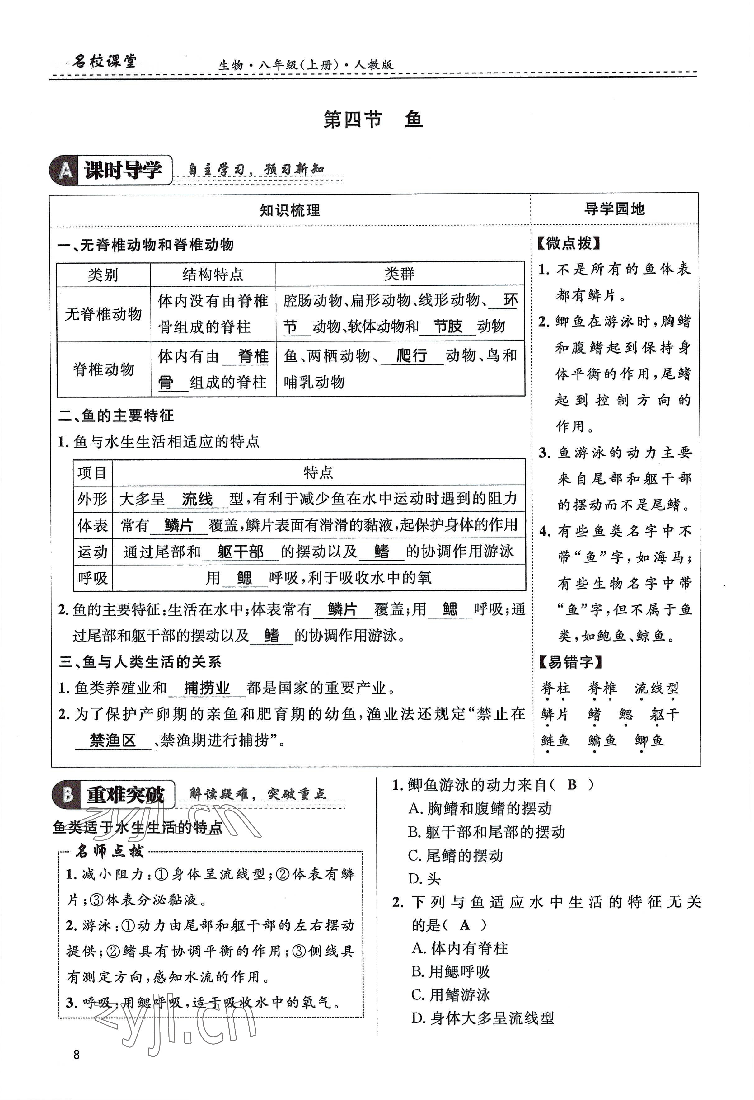 2022年名校課堂貴州人民出版社八年級生物上冊人教版 參考答案第8頁