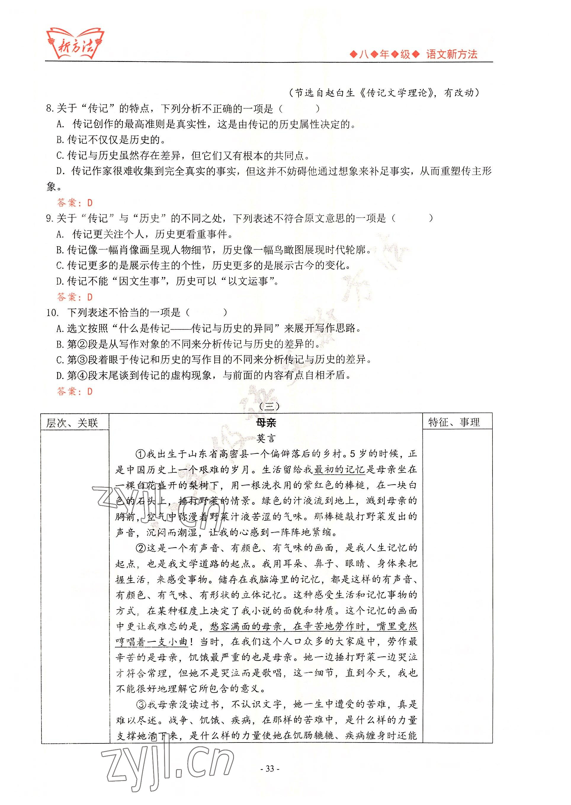 2022年新方法八年級語文 參考答案第33頁