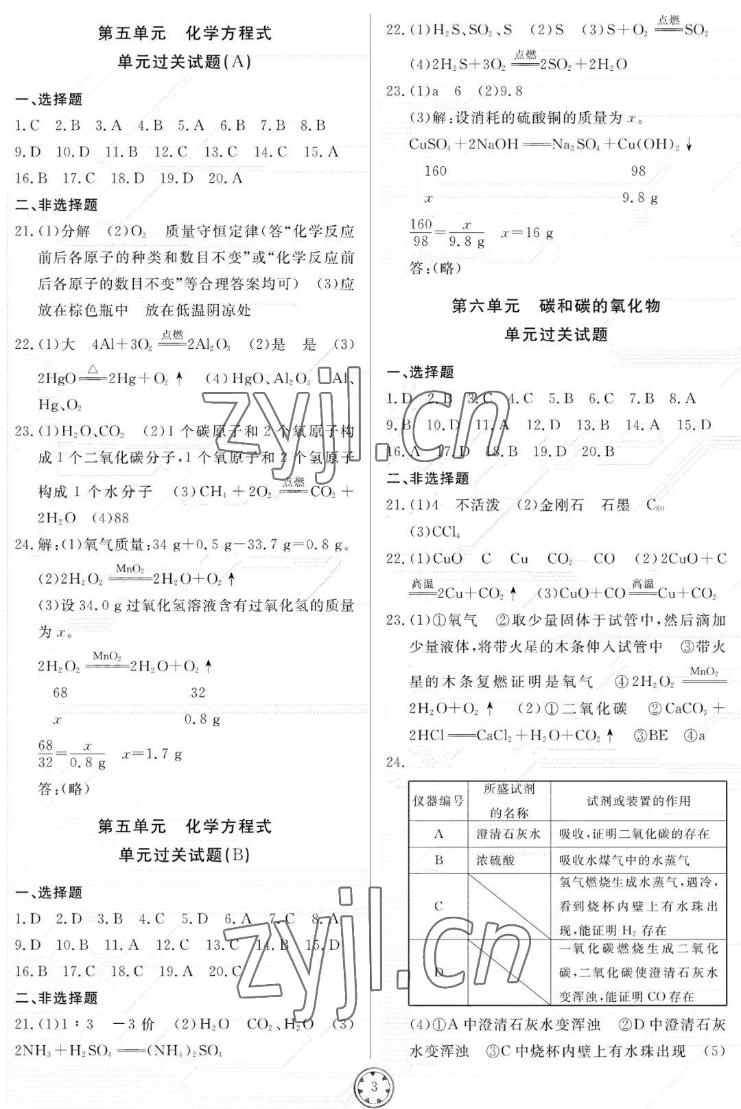 2022年同步練習(xí)冊分層檢測卷九年級化學(xué)上冊人教版 參考答案第3頁