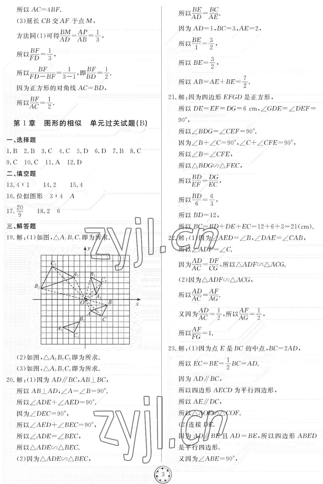 2022年同步練習(xí)冊分層檢測卷九年級數(shù)學(xué)上冊青島版 參考答案第3頁