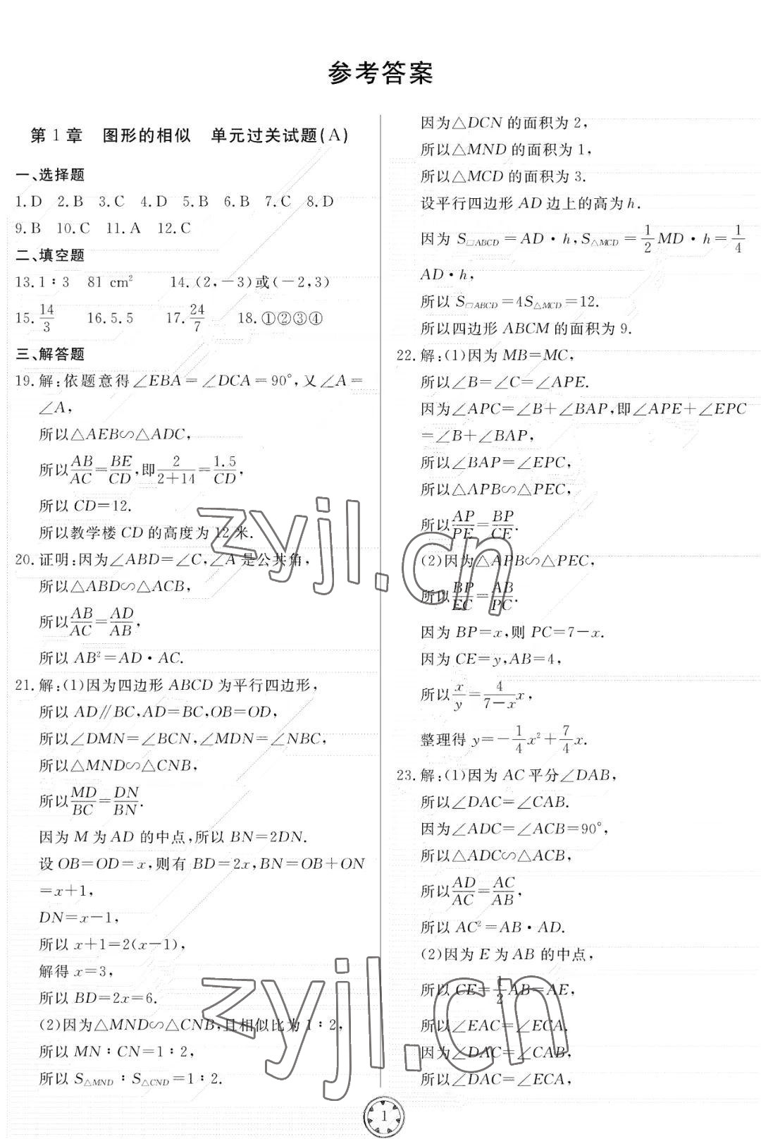 2022年同步練習(xí)冊(cè)分層檢測(cè)卷九年級(jí)數(shù)學(xué)上冊(cè)青島版 參考答案第1頁(yè)