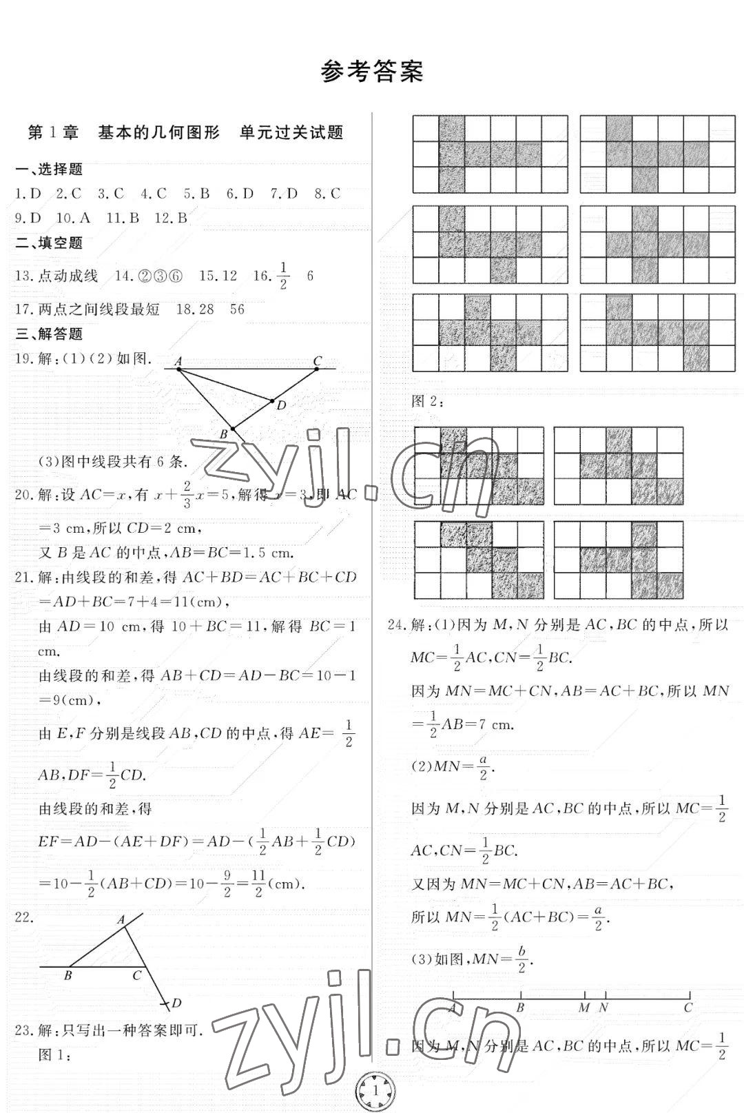 2022年同步練習冊分層檢測卷七年級數(shù)學上冊青島版 參考答案第1頁