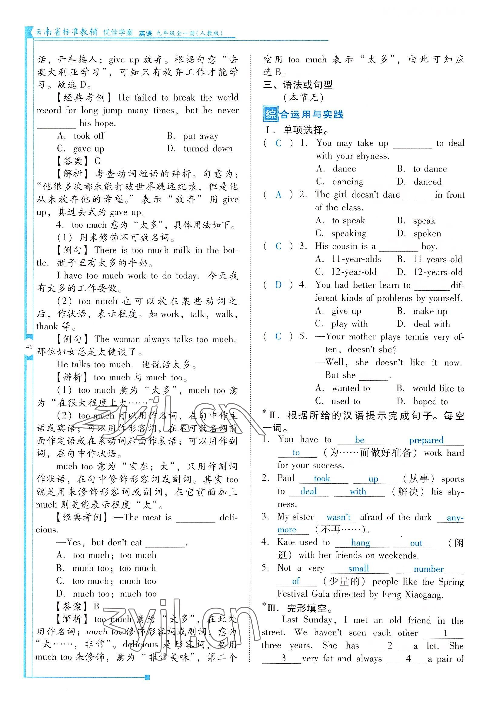 2022年云南省標(biāo)準(zhǔn)教輔優(yōu)佳學(xué)案九年級英語全一冊人教版 參考答案第46頁