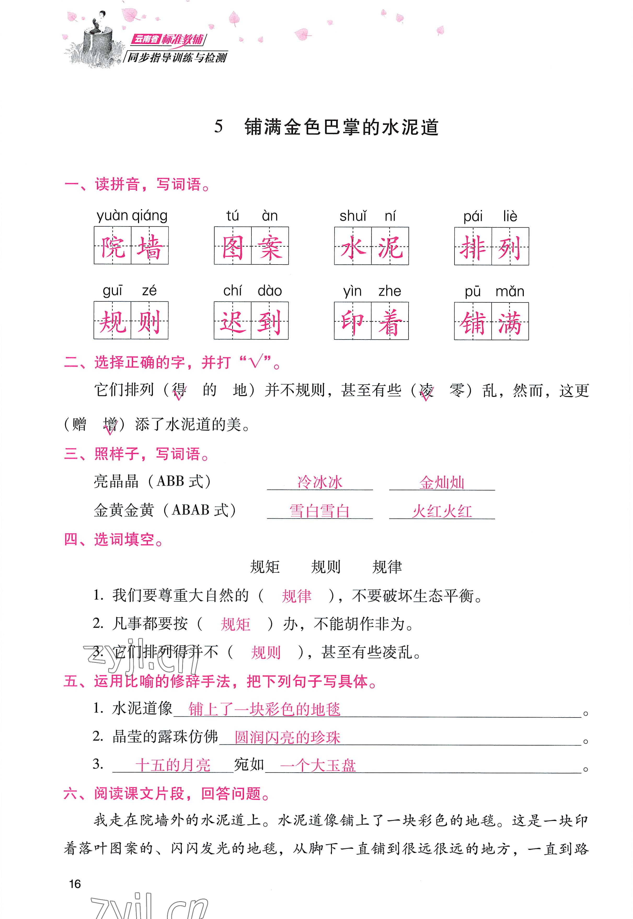 2022年云南省标准教辅同步指导训练与检测三年级语文上册人教版 参考答案第15页