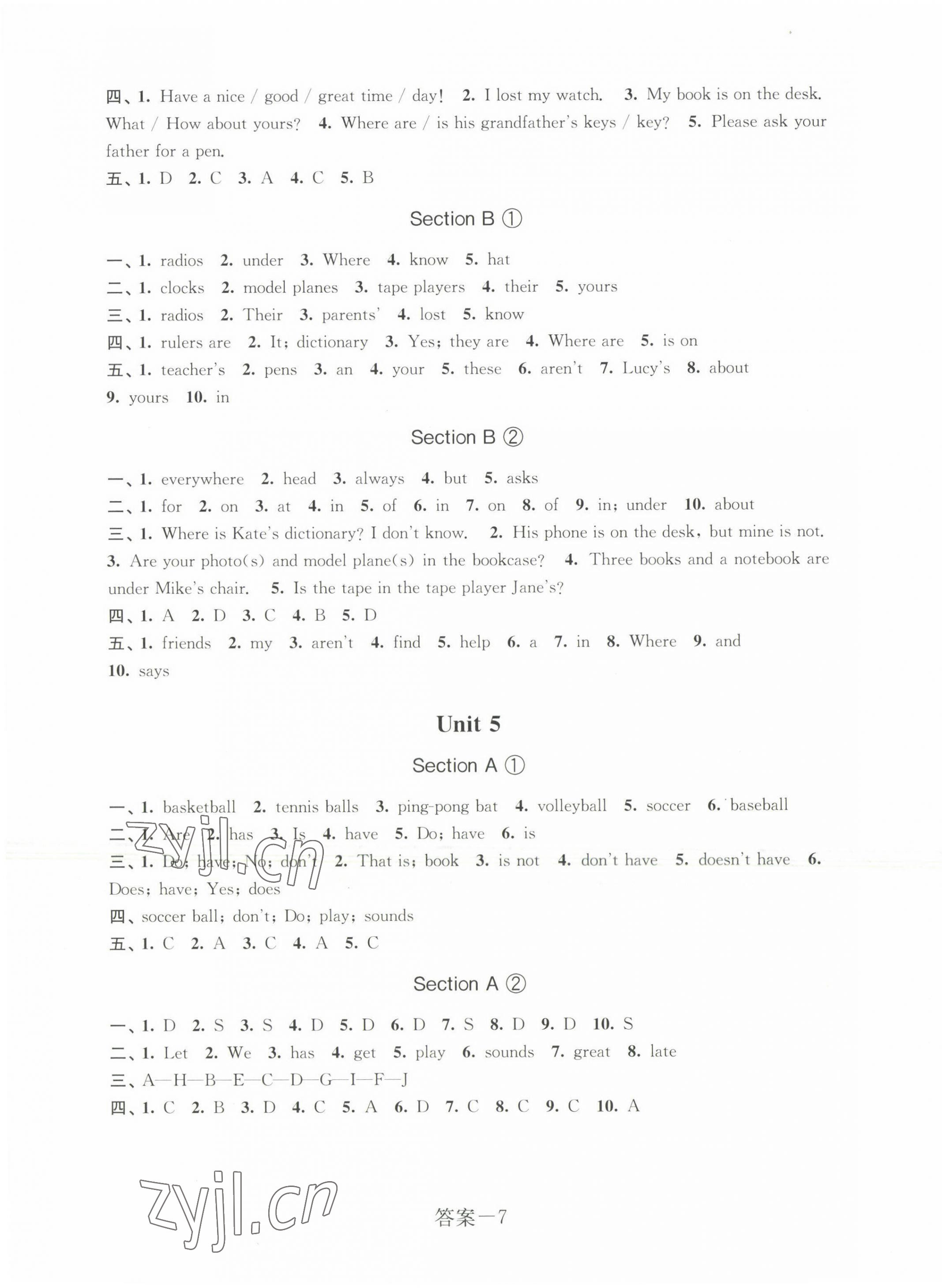 2022年學(xué)評(píng)手冊(cè)七年級(jí)英語(yǔ)上冊(cè)人教版 參考答案第7頁(yè)