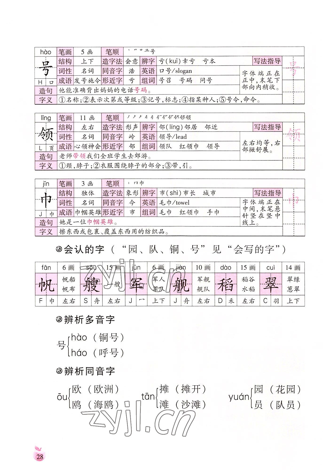 2022年小学生词语手册云南教育出版社二年级语文上册人教版 参考答案第28页