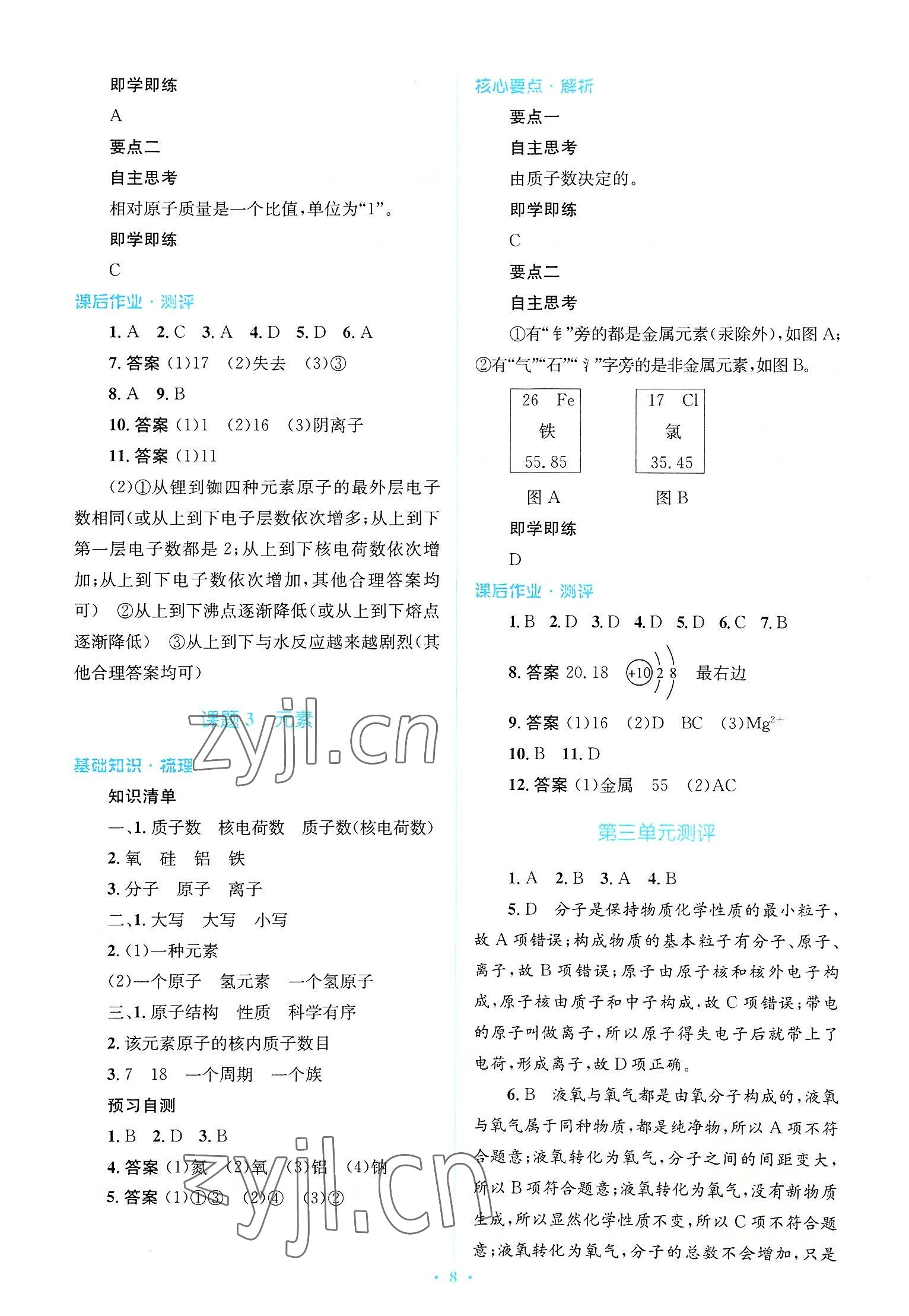 2022年人教金學典優化測控同步解析與測評九年級化學全一冊人教版 參考答案第8頁