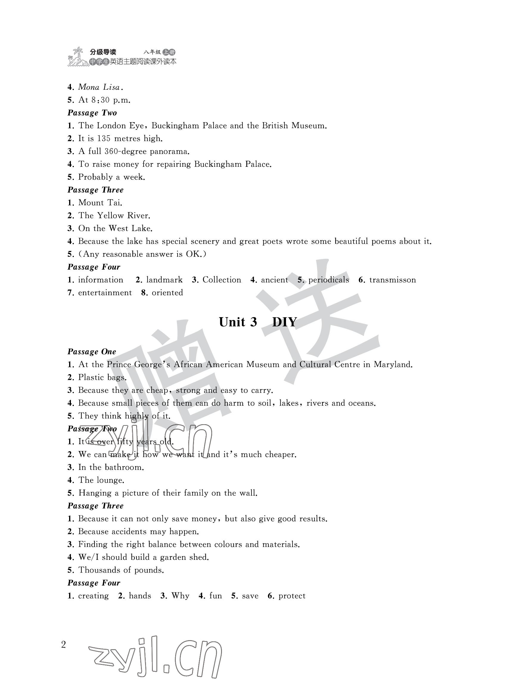 2022年中學(xué)生英語主題閱讀課外讀本八年級(jí)上冊(cè)譯林版 參考答案第2頁