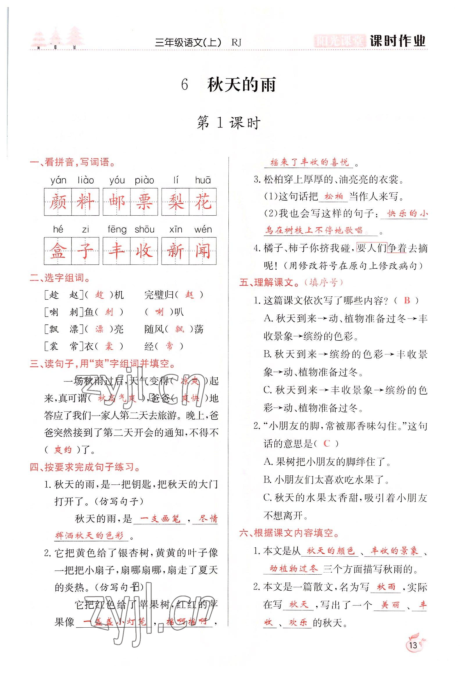 2022年阳光课堂课时作业三年级语文上册人教版 参考答案第13页