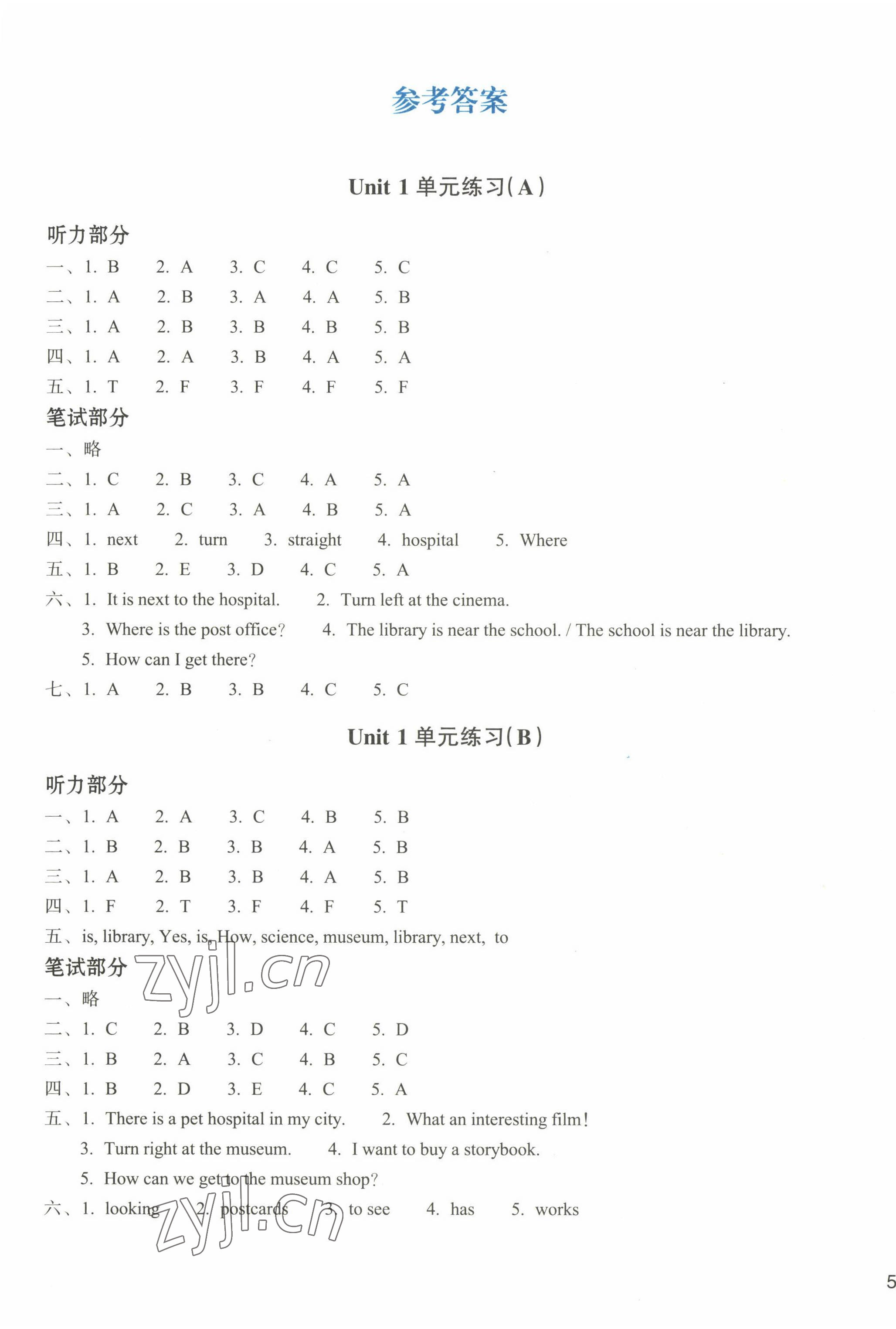 2022年新編單元能力訓練卷六年級英語上冊人教版 參考答案第1頁