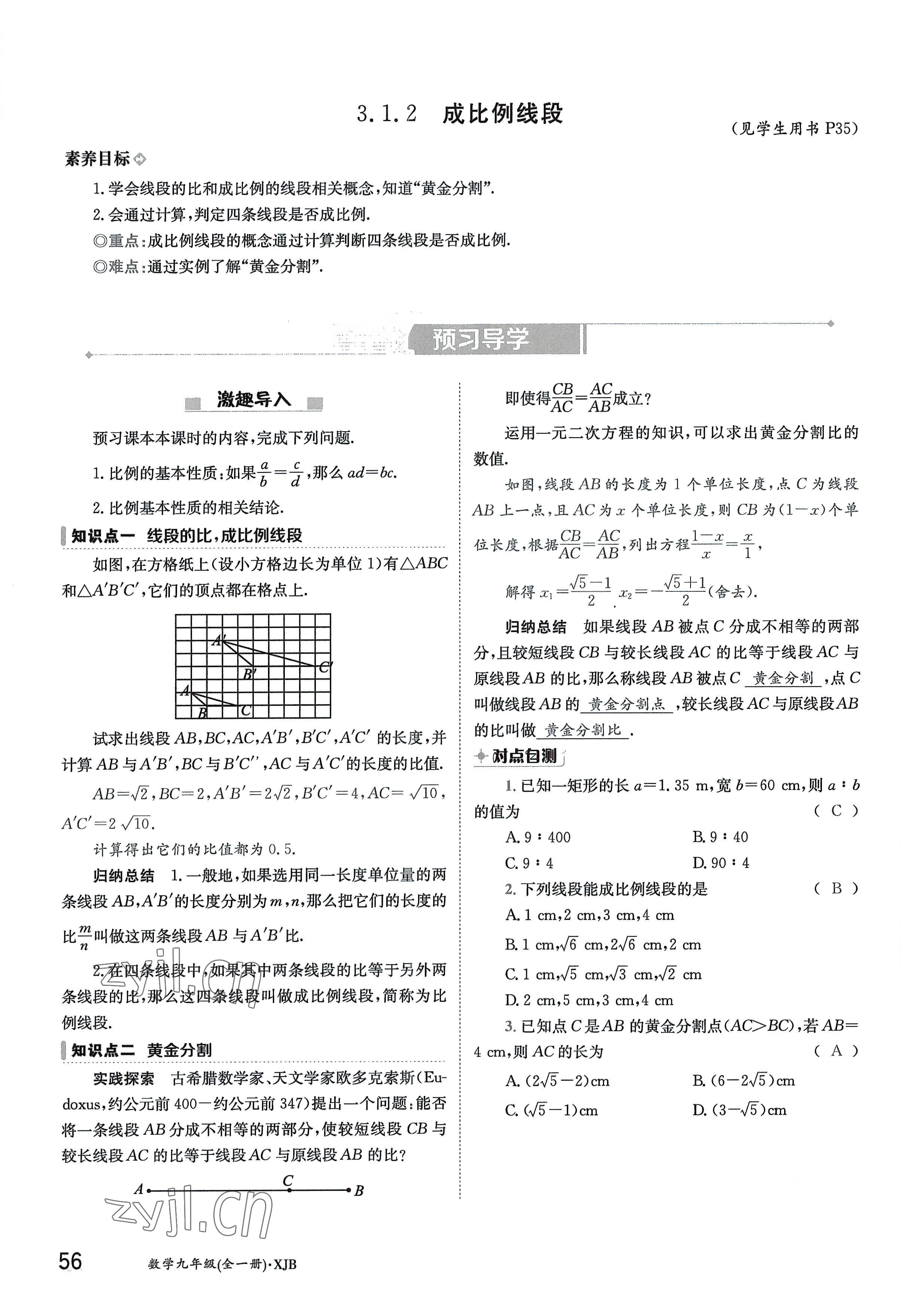 2022年金太陽導(dǎo)學(xué)案九年級(jí)數(shù)學(xué)全一冊(cè)湘教版 參考答案第56頁