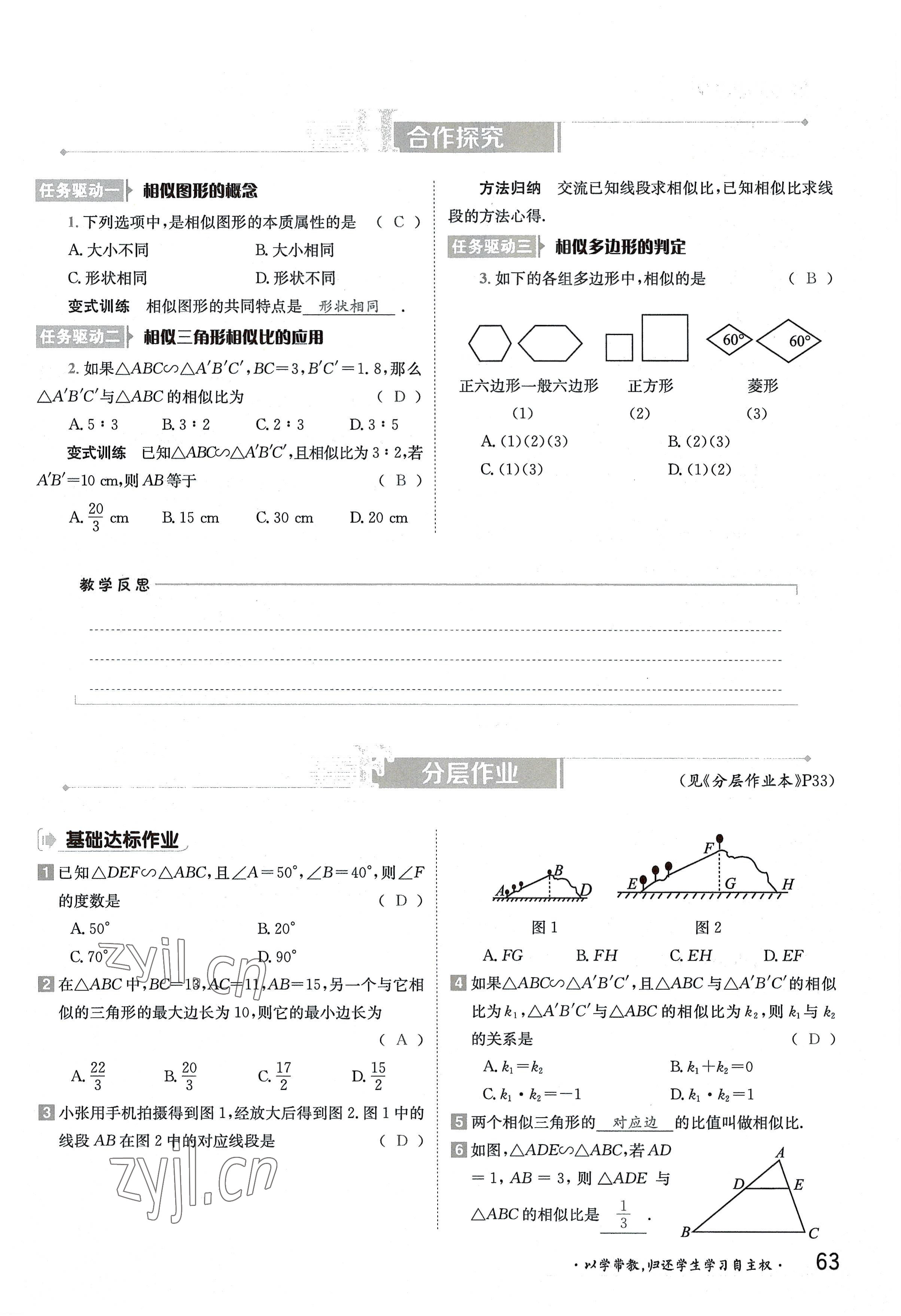 2022年金太陽導(dǎo)學(xué)案九年級數(shù)學(xué)全一冊湘教版 參考答案第63頁