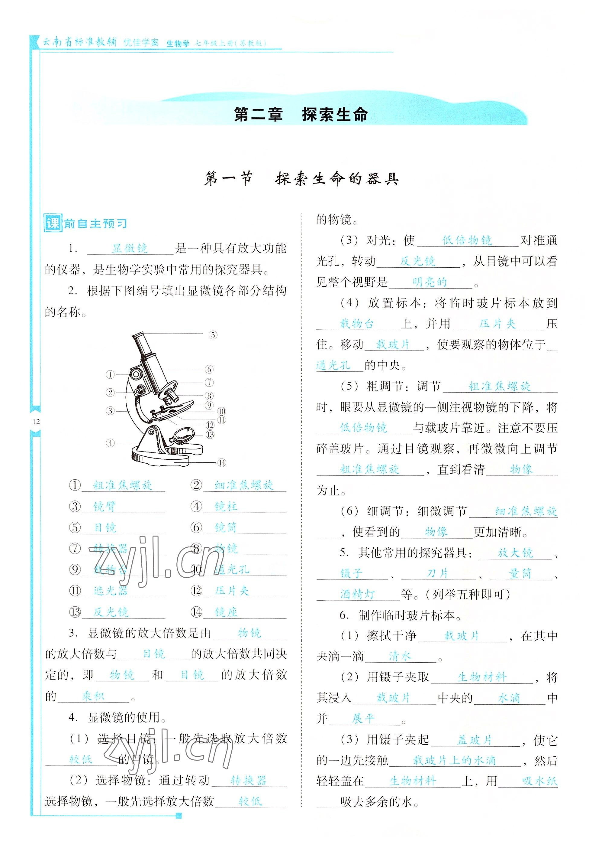 2022年云南省標準教輔優(yōu)佳學案七年級生物上冊蘇教版 參考答案第12頁