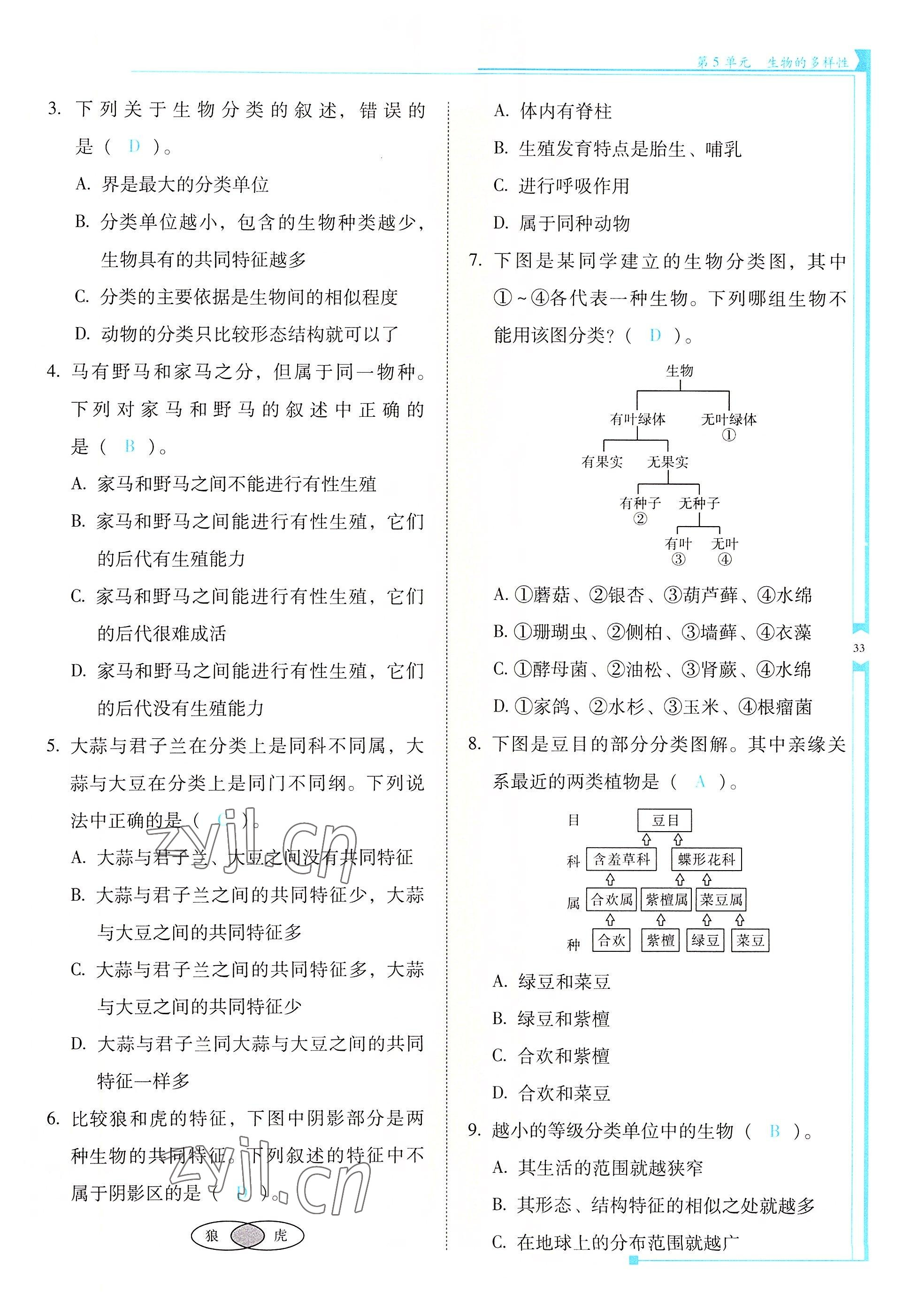 2022年云南省標(biāo)準(zhǔn)教輔優(yōu)佳學(xué)案八年級(jí)生物全一冊(cè)蘇教版 參考答案第33頁(yè)