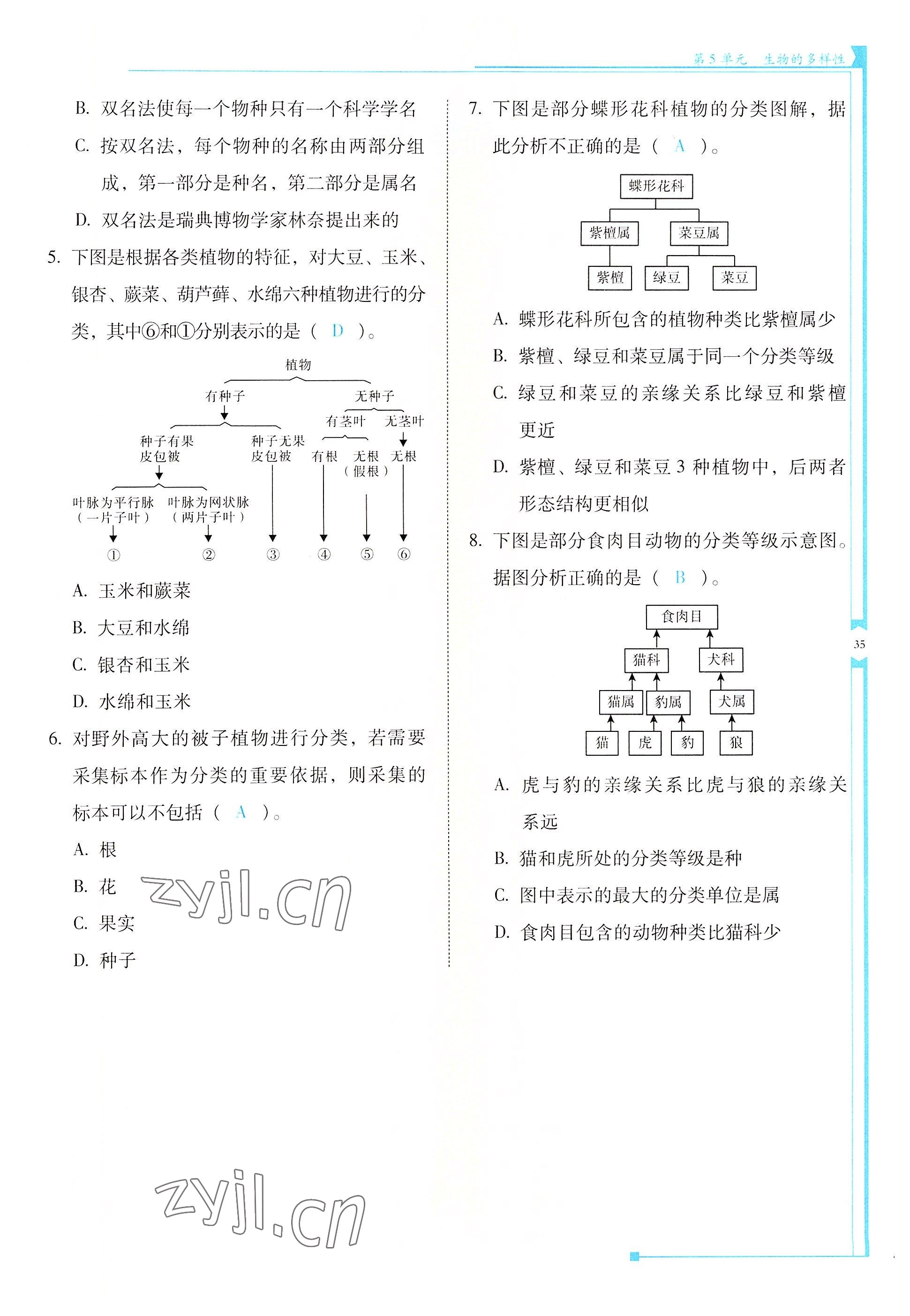 2022年云南省標(biāo)準(zhǔn)教輔優(yōu)佳學(xué)案八年級(jí)生物全一冊蘇教版 參考答案第35頁