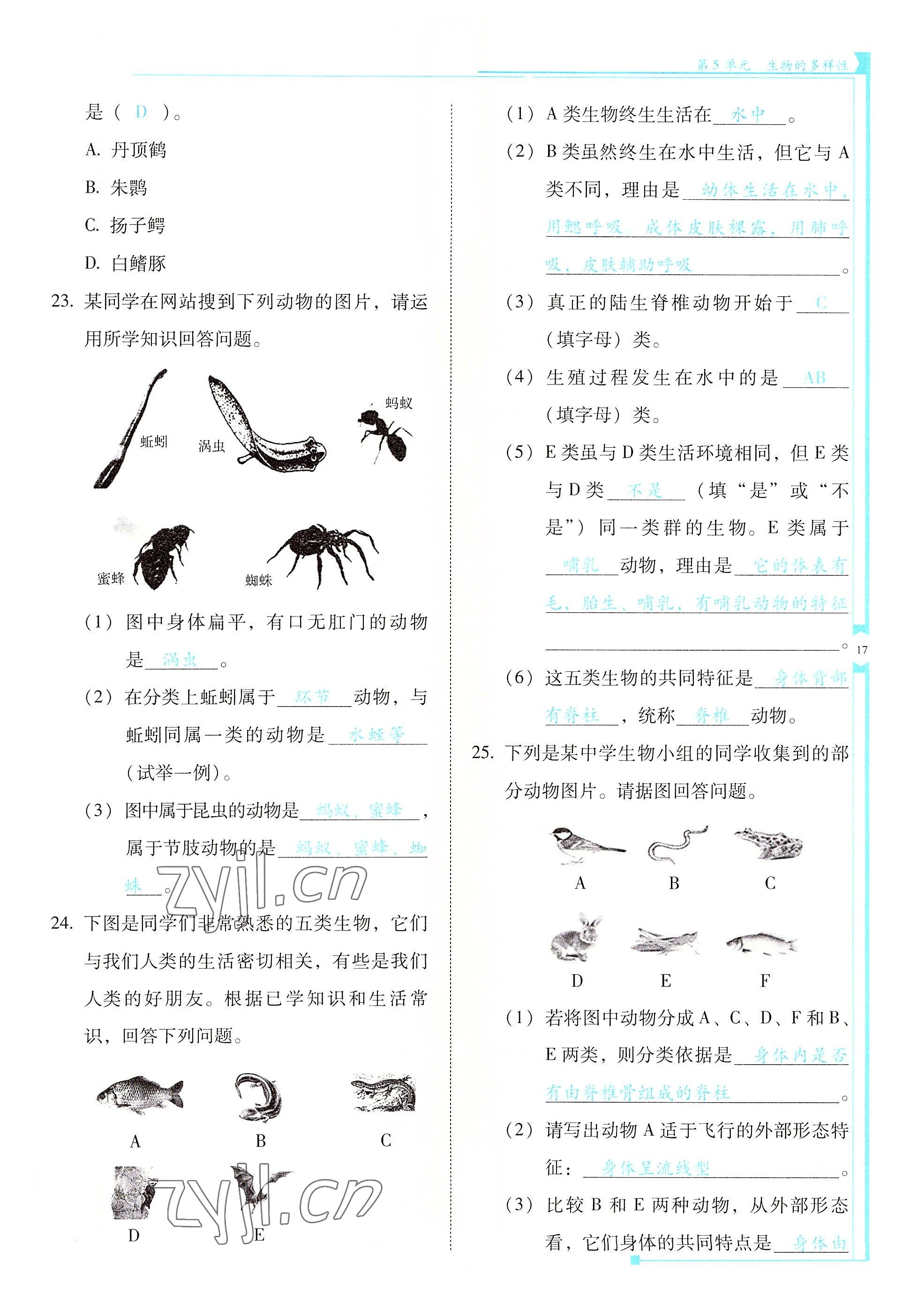 2022年云南省標(biāo)準(zhǔn)教輔優(yōu)佳學(xué)案八年級生物全一冊蘇教版 參考答案第17頁