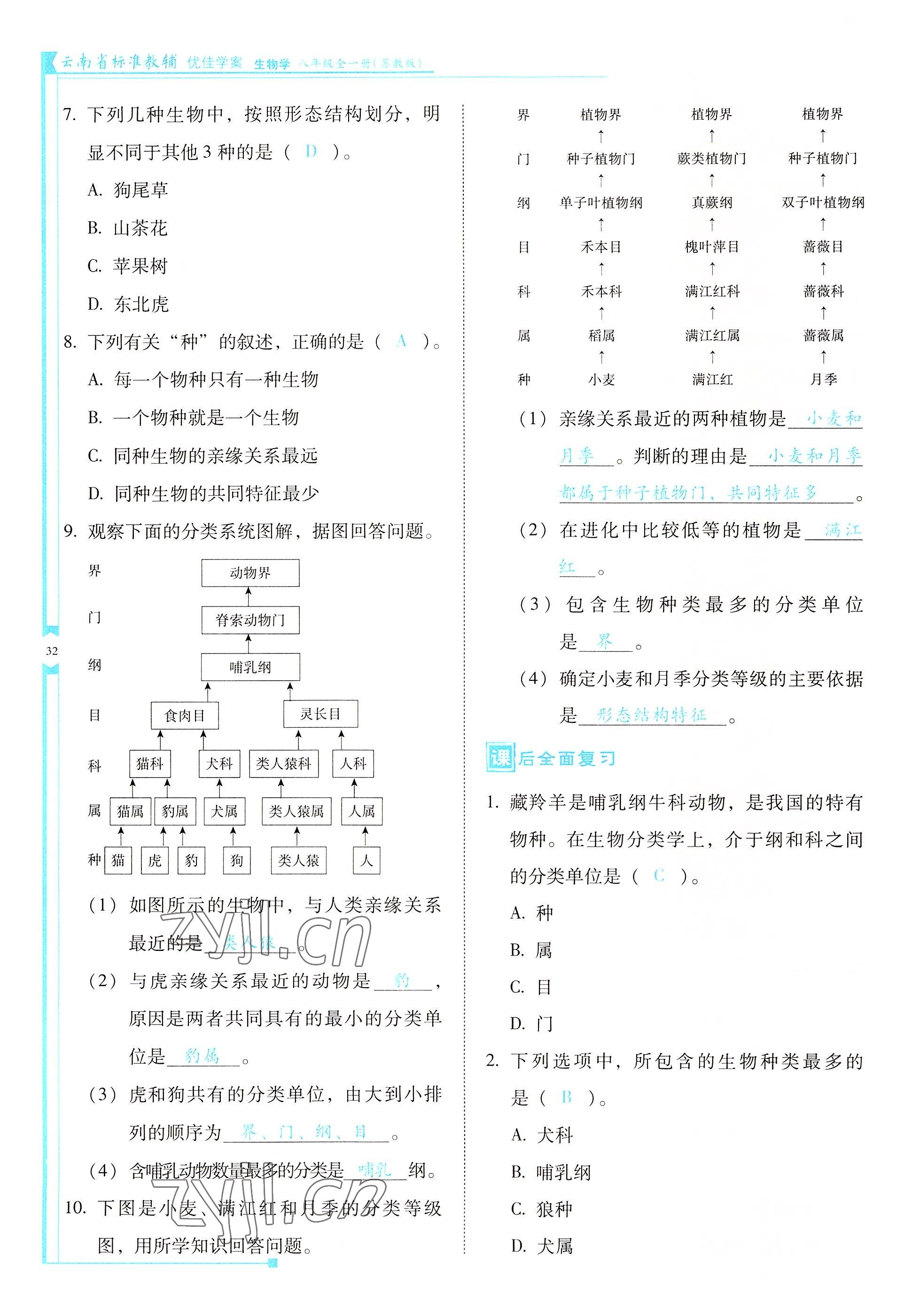 2022年云南省標(biāo)準(zhǔn)教輔優(yōu)佳學(xué)案八年級生物全一冊蘇教版 參考答案第32頁