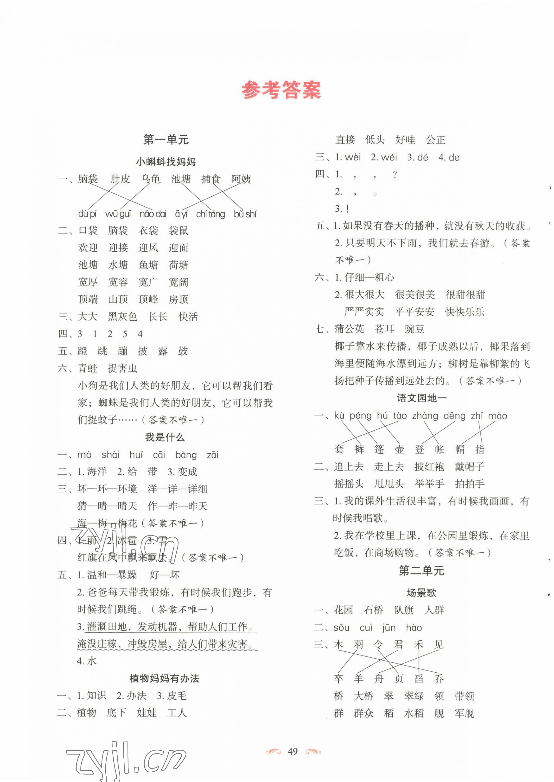 2022年隨堂同步練習(xí)二年級(jí)語(yǔ)文上冊(cè)人教版 參考答案第1頁(yè)