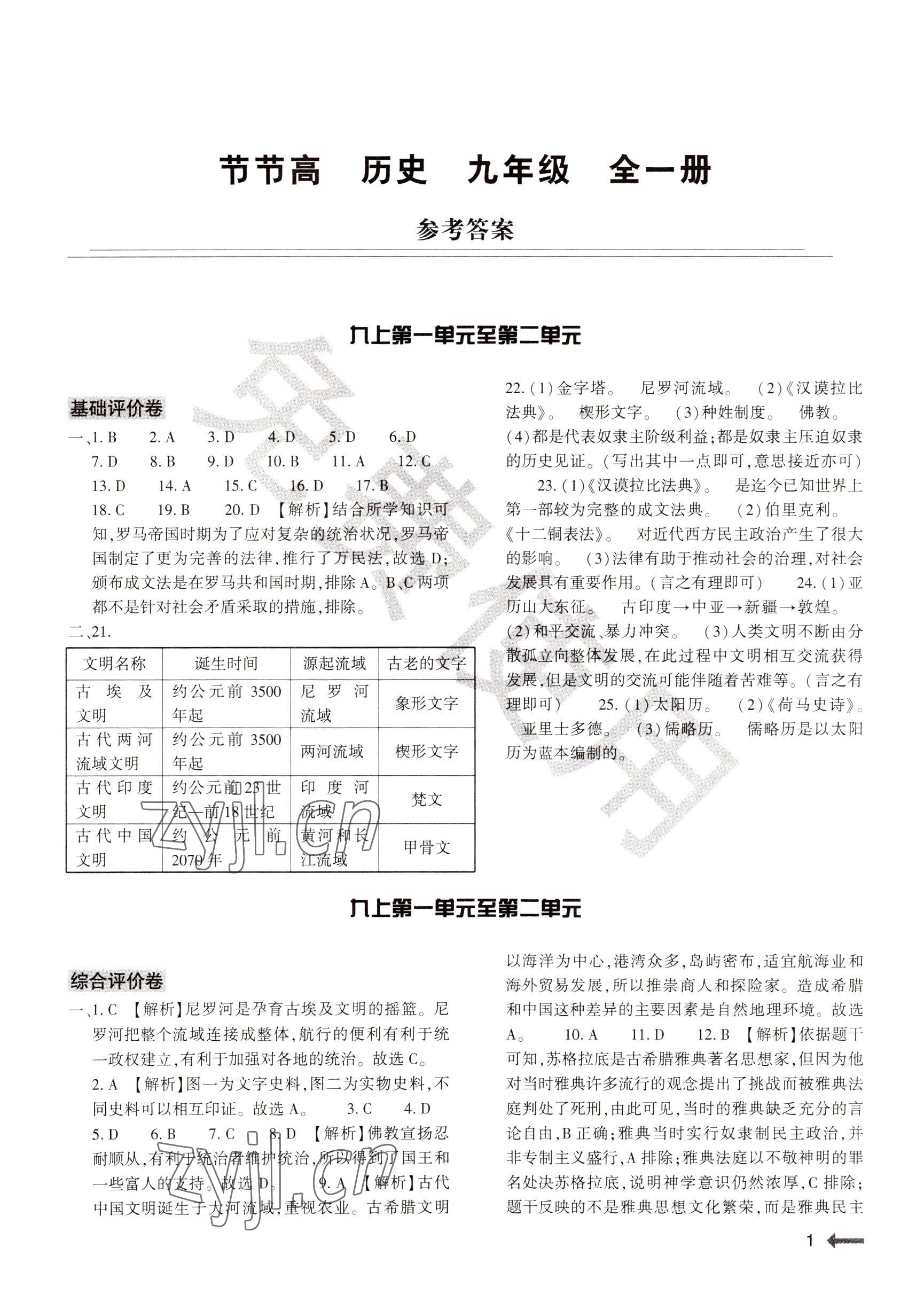 2022年節(jié)節(jié)高大象出版社九年級歷史全一冊人教版 參考答案第1頁