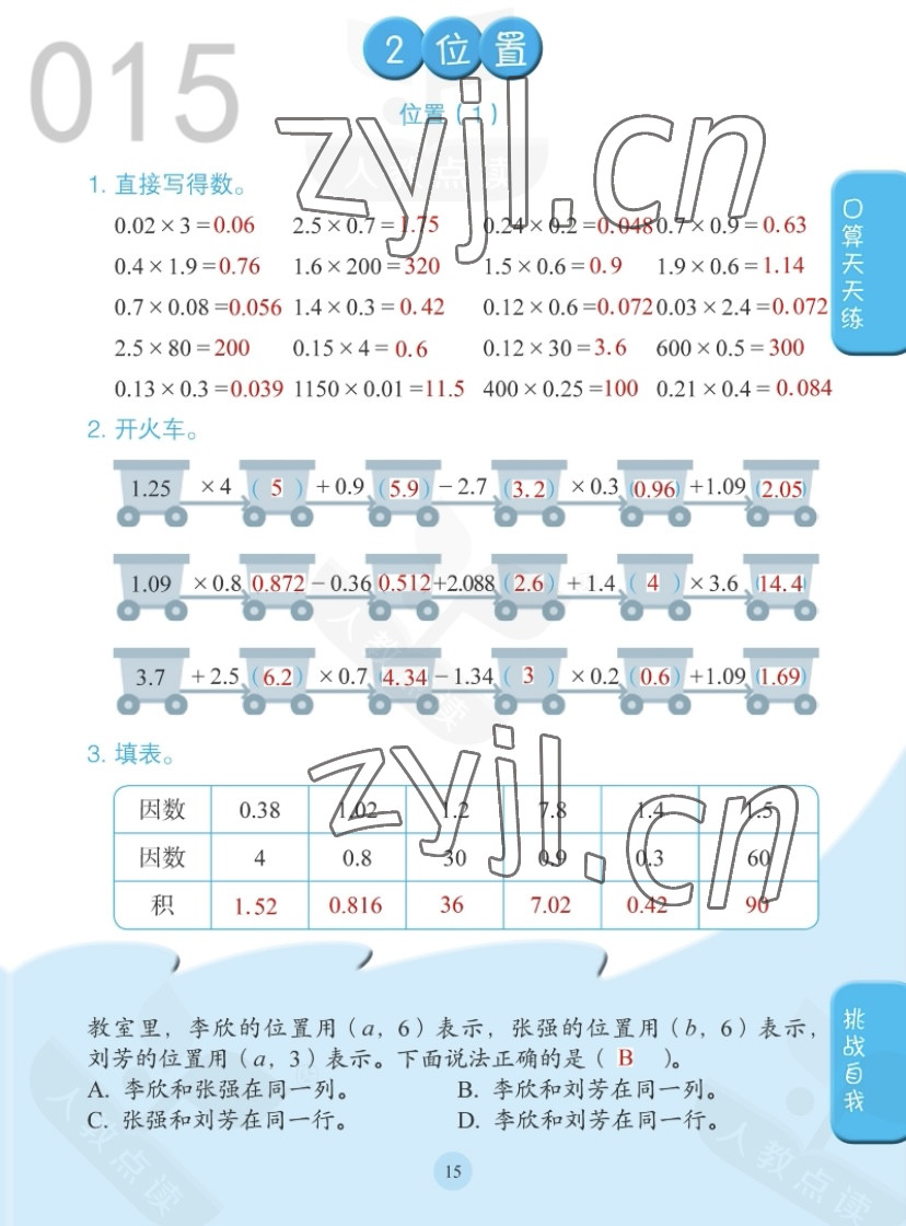 2022年同步口算練習冊五年級數(shù)學上冊人教版 參考答案第15頁