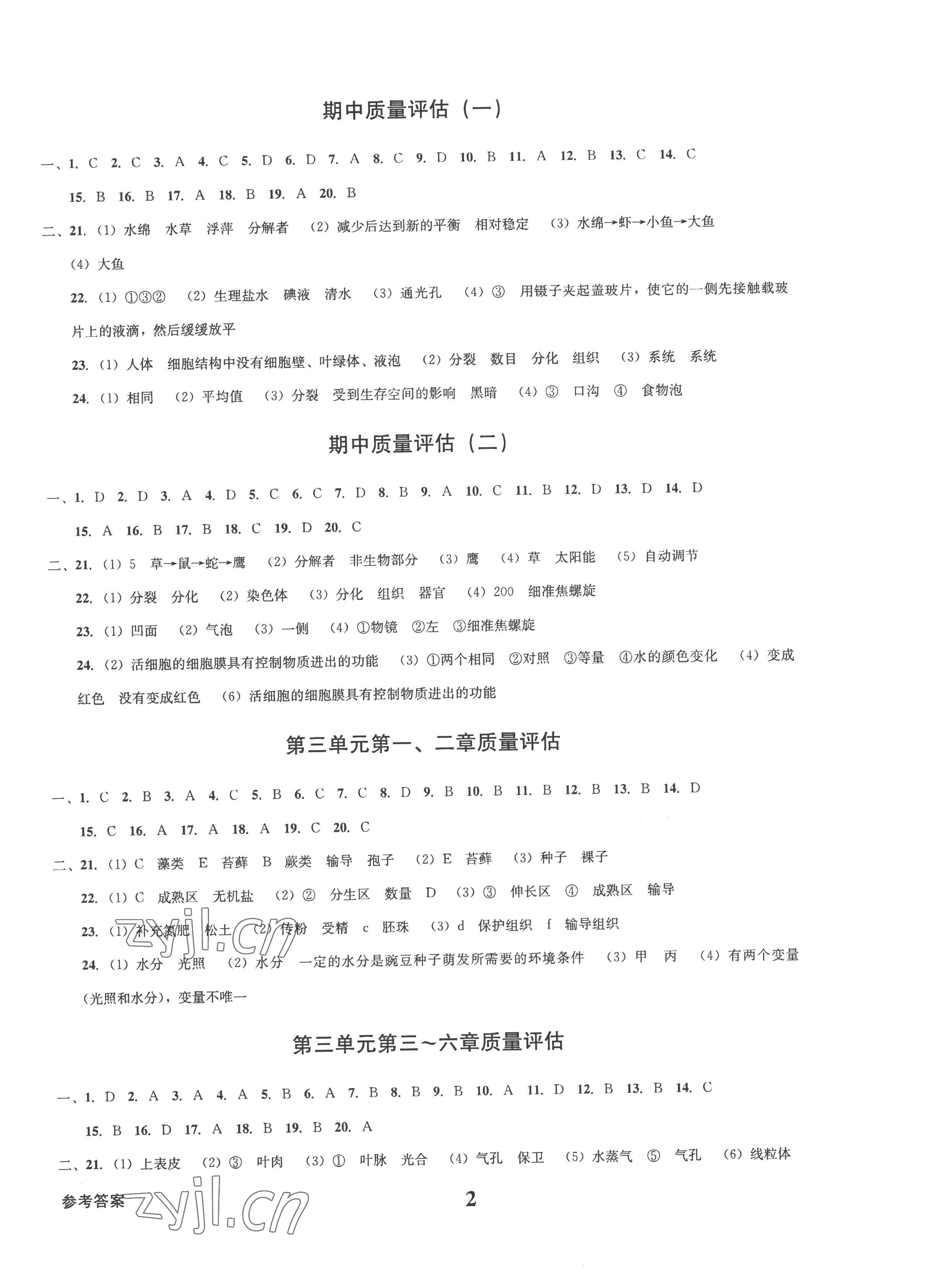 2022年学业质量测试薄七年级生物上册人教版 第2页