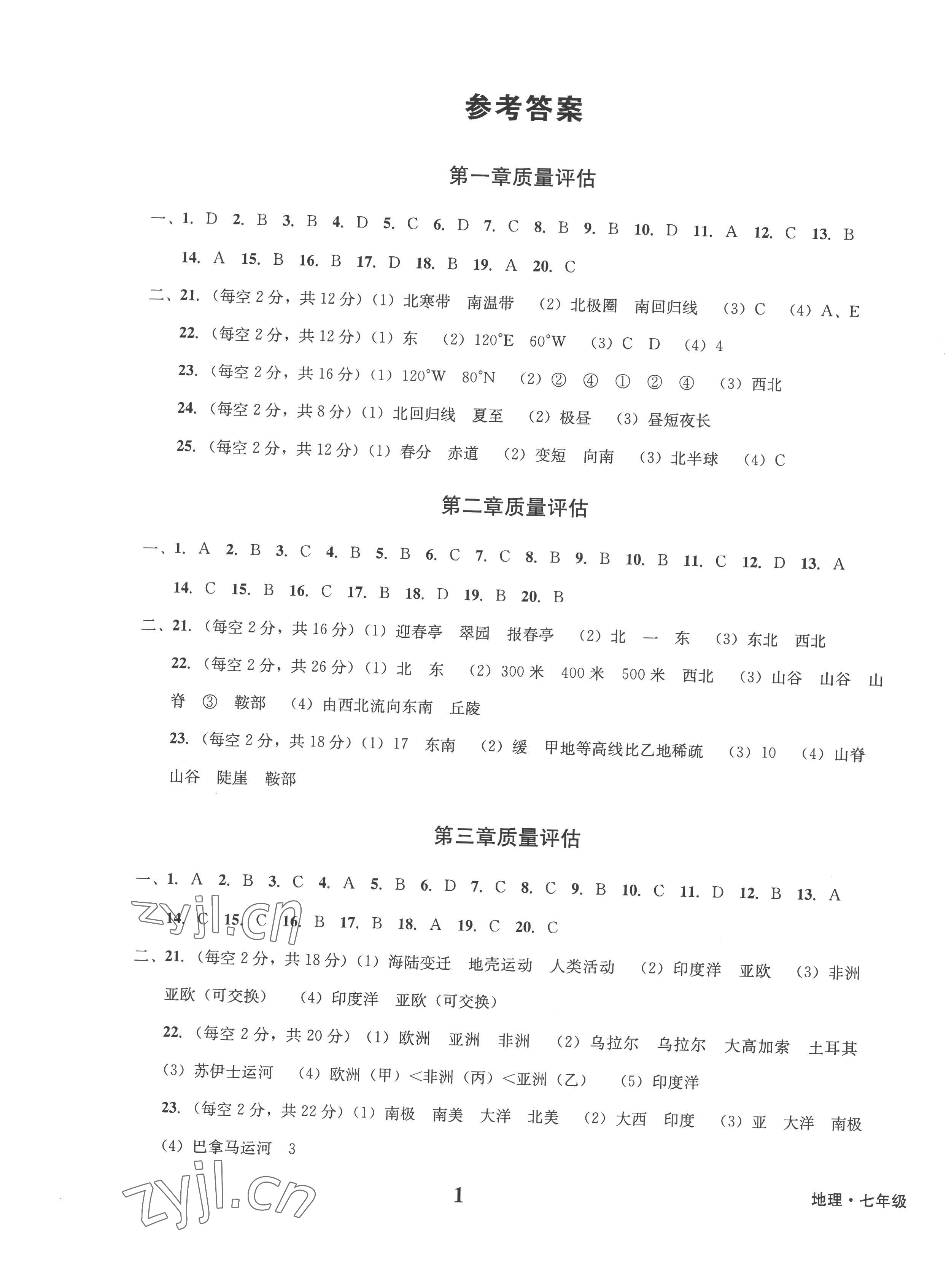 2022年學(xué)業(yè)質(zhì)量測試薄七年級地理上冊商務(wù)星球版 第1頁