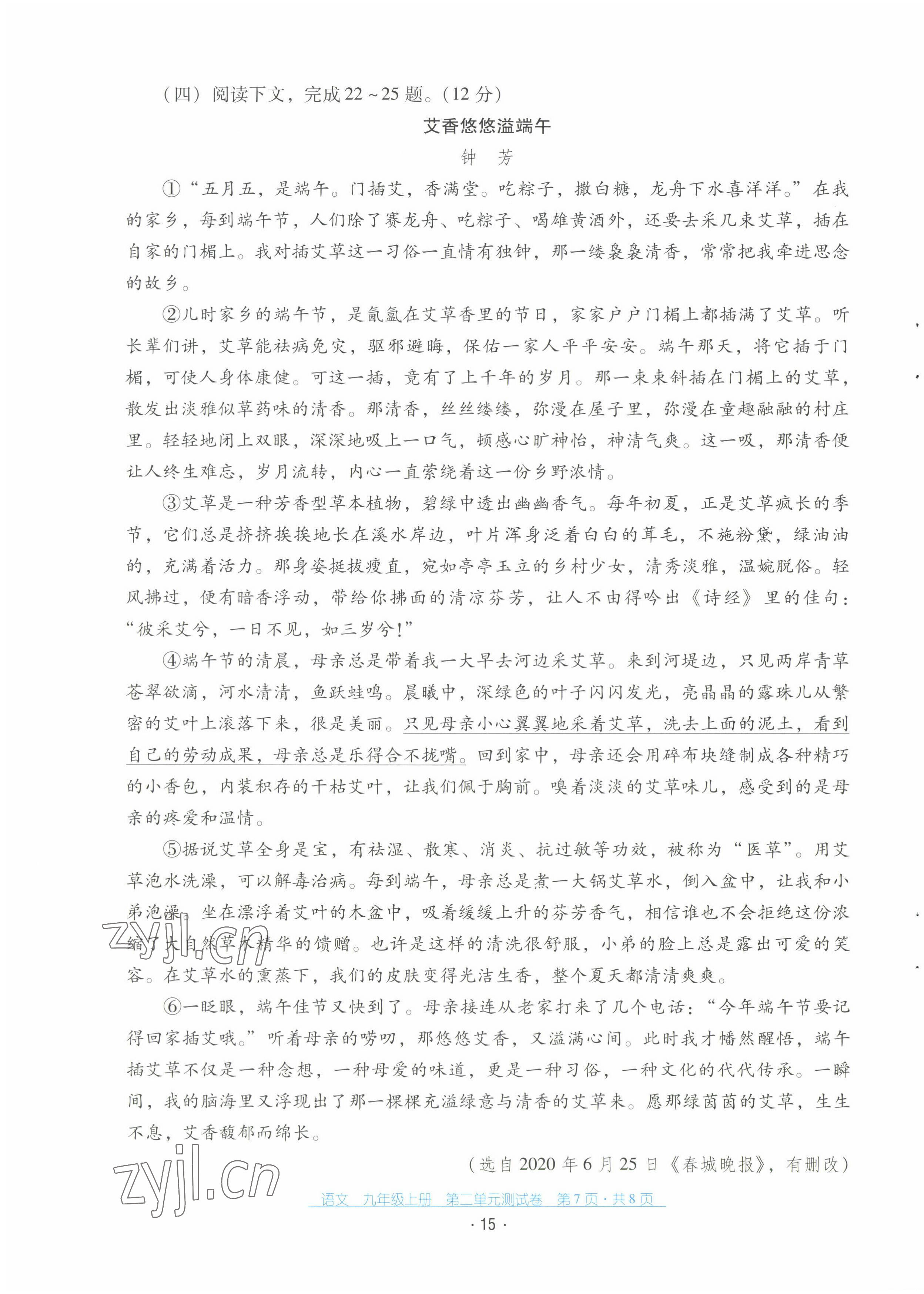 2022年云南省標(biāo)準(zhǔn)教輔優(yōu)佳學(xué)案配套測試卷九年級語文上冊人教版 第15頁