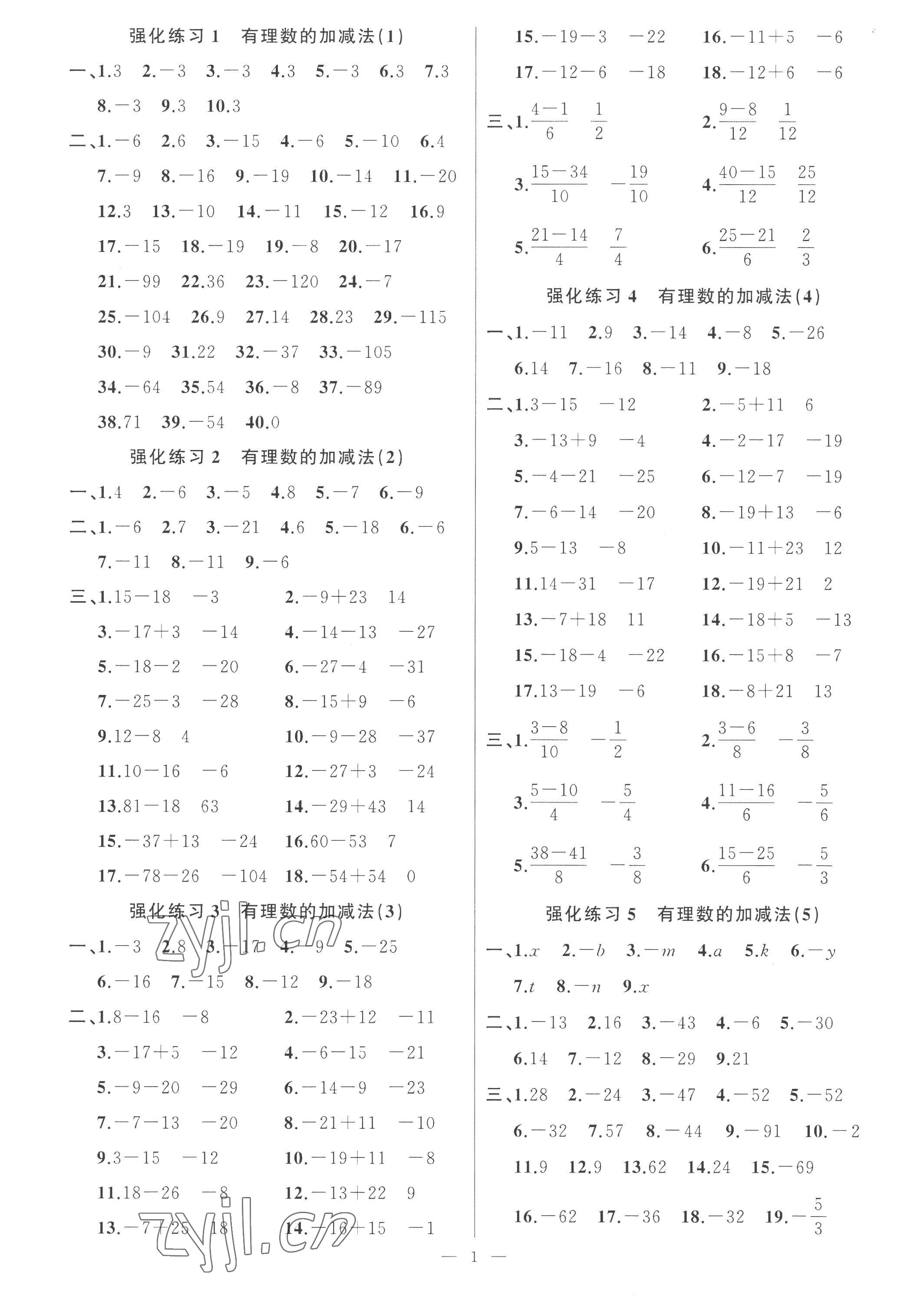 2022年高手点题计算攻略七年级数学上册人教版 参考答案第1页