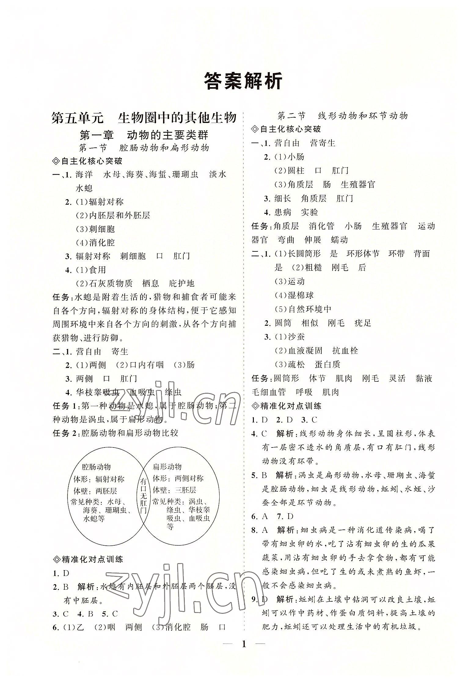 2022年知行課堂八年級生物上冊人教版 參考答案第1頁