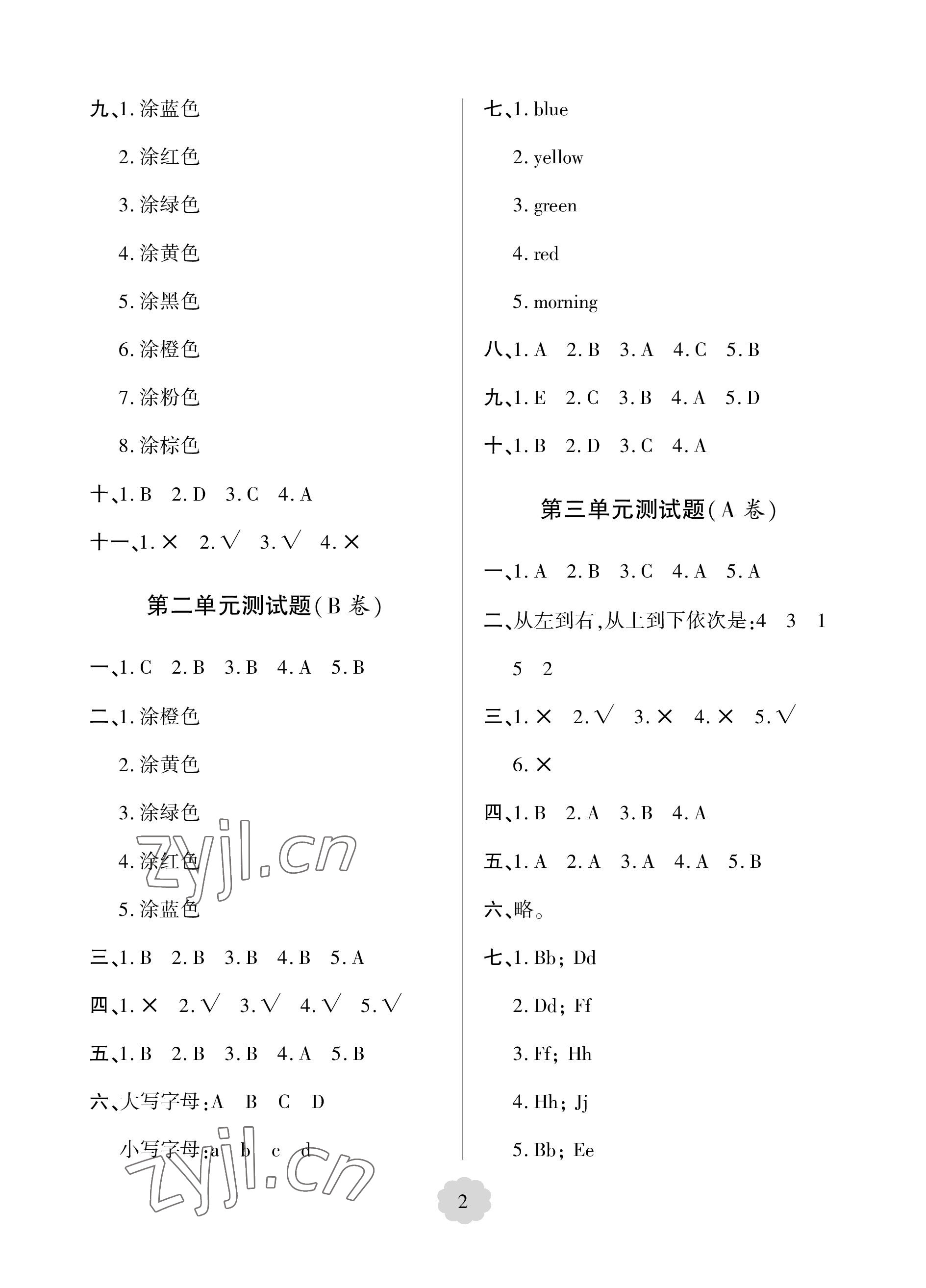 2022年单元自测试卷青岛出版社三年级英语上册人教版 参考答案第2页