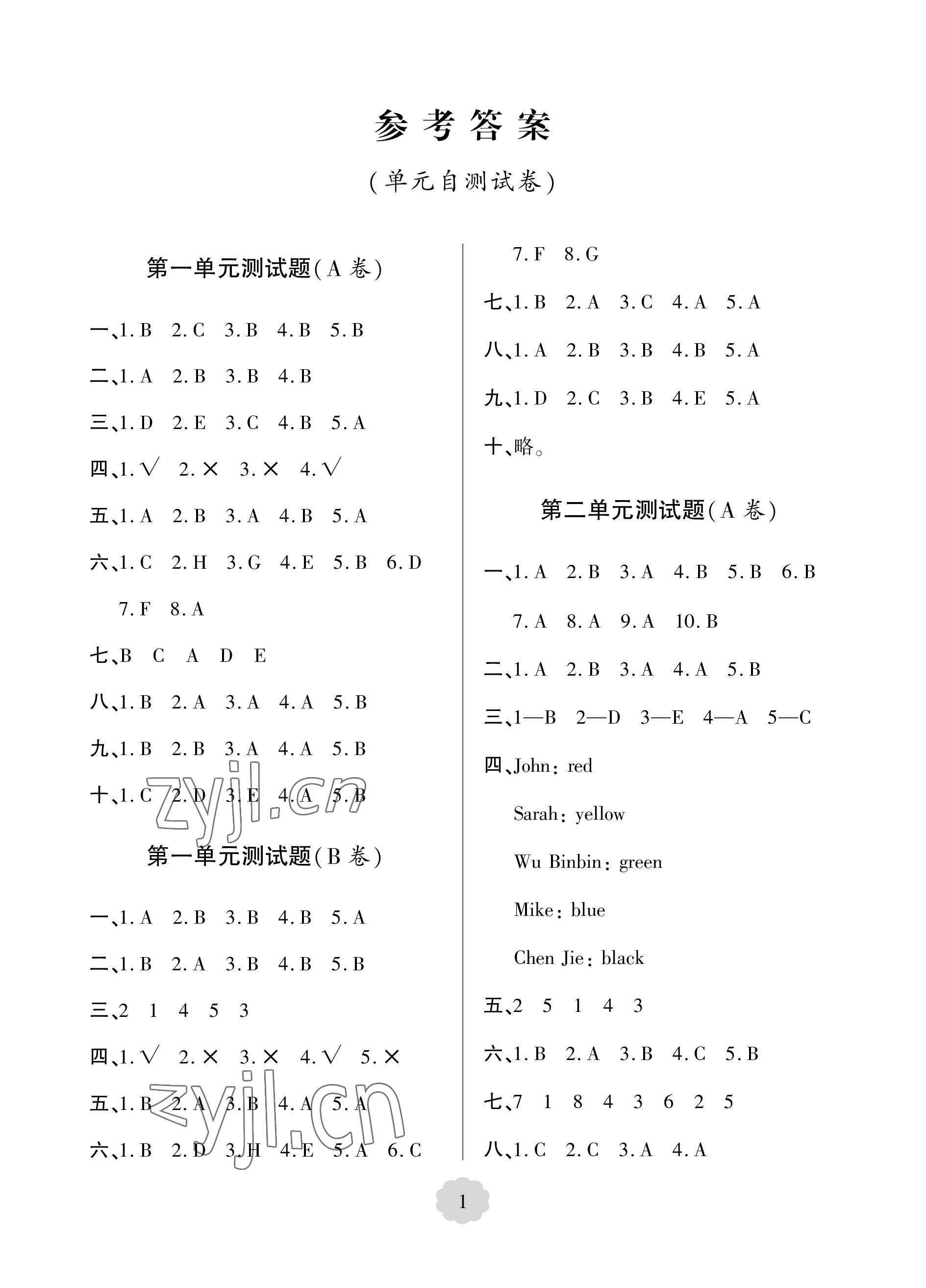 2022年單元自測(cè)試卷青島出版社三年級(jí)英語上冊(cè)人教版 參考答案第1頁