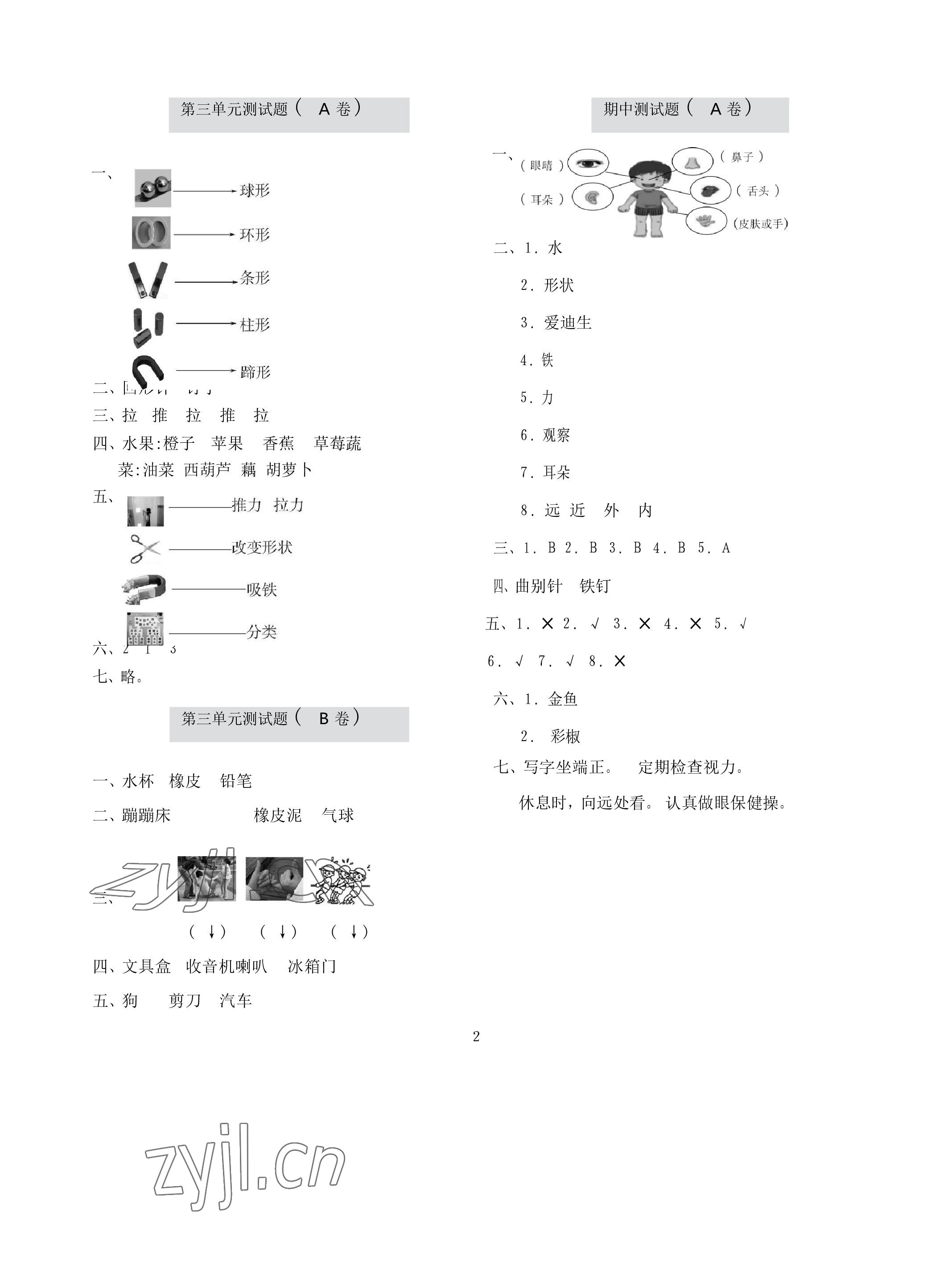 2022年单元自测试卷青岛出版社一年级科学上册青岛版 参考答案第2页