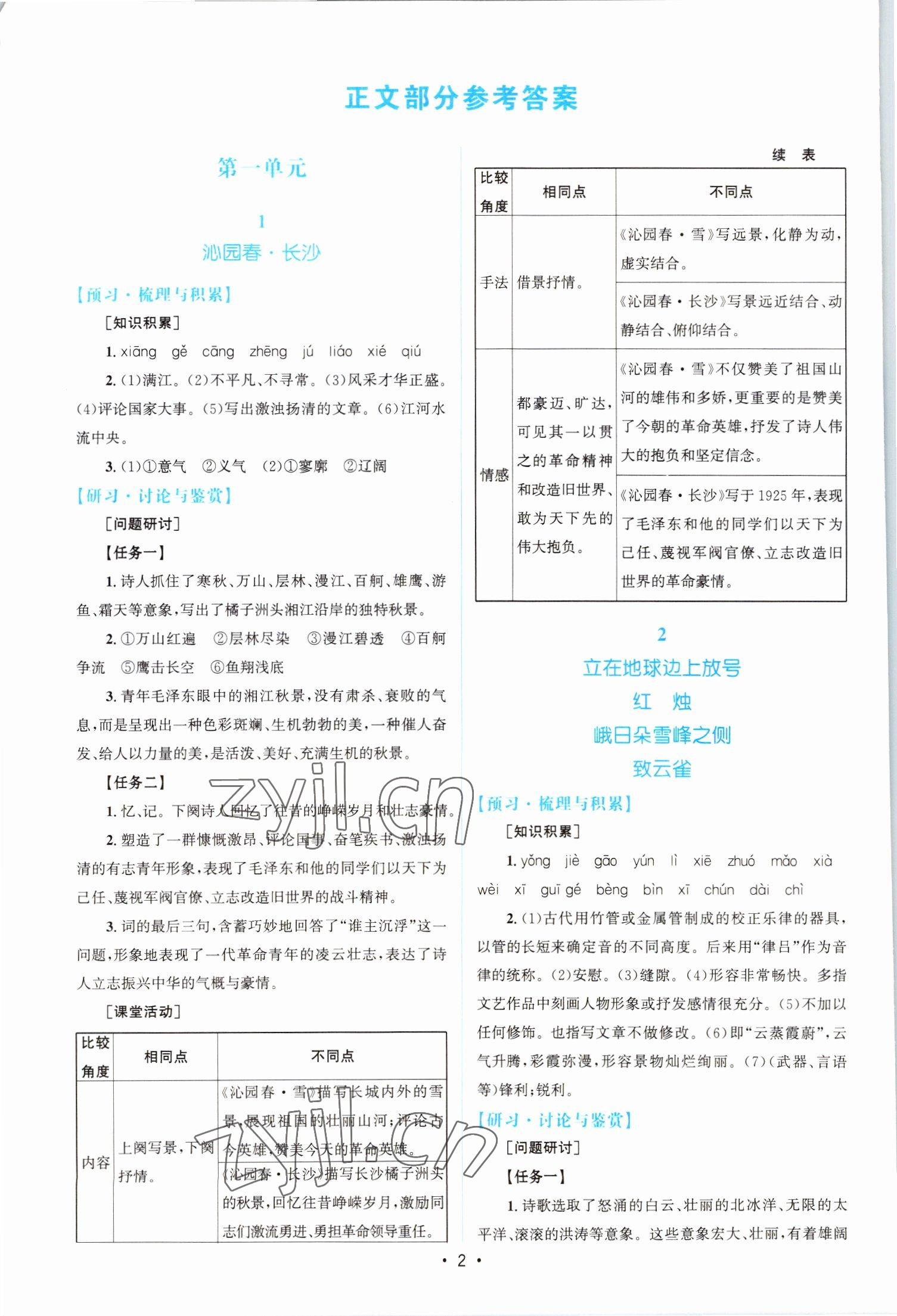 2022年高中同步測控優(yōu)化設(shè)計語文必修上冊人教版江西專版 參考答案第1頁