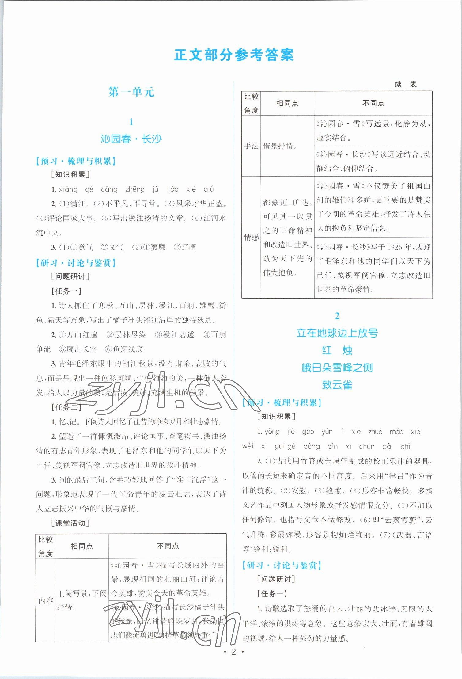 2022年高中同步測(cè)控優(yōu)化設(shè)計(jì)語文必修上冊(cè)人教版福建專版 參考答案第1頁